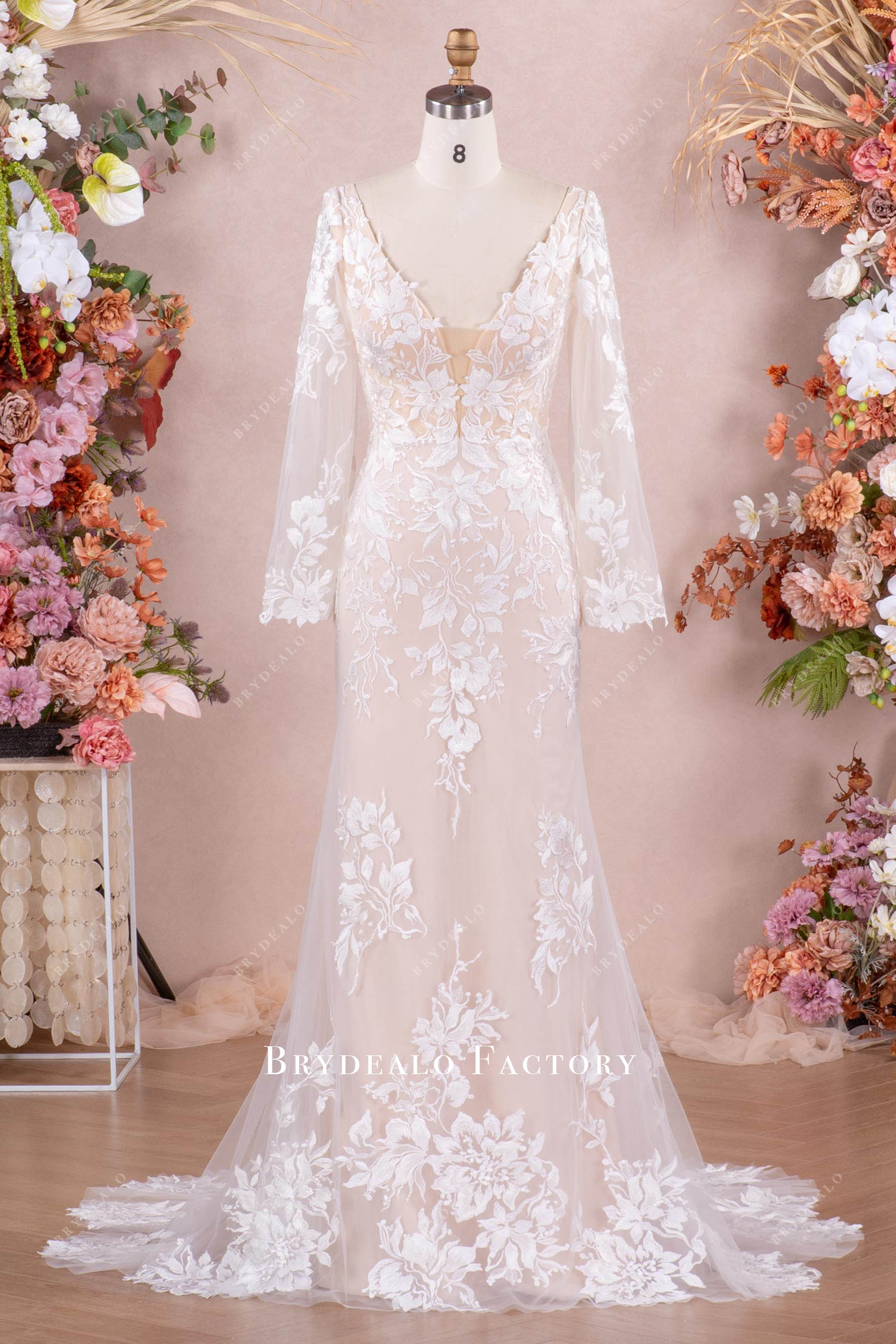 Romantic Floral Lace Bell Sleeve Mermaid Wedding Dress