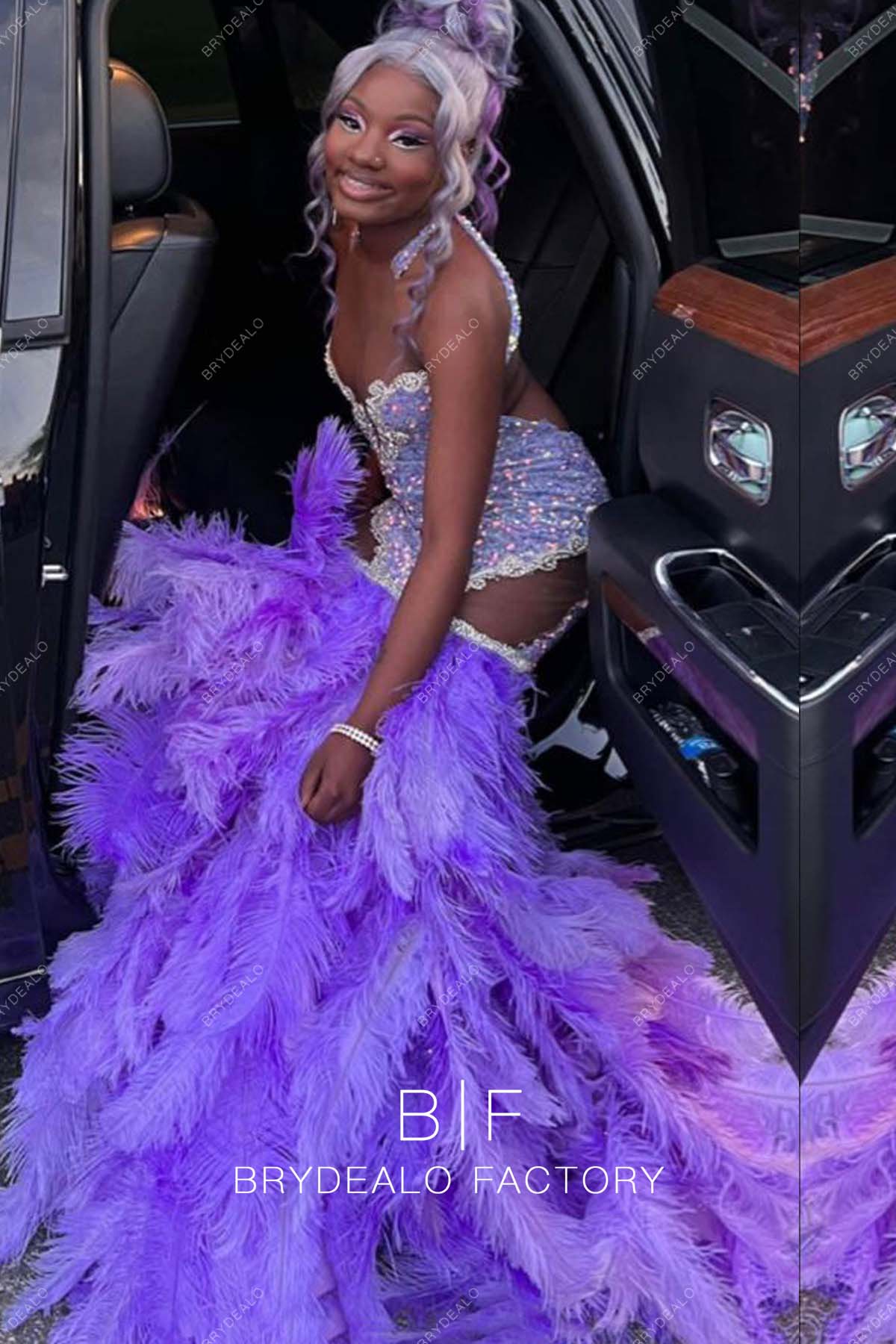 Light Purple Big Feathers Trumpet Prom Dress