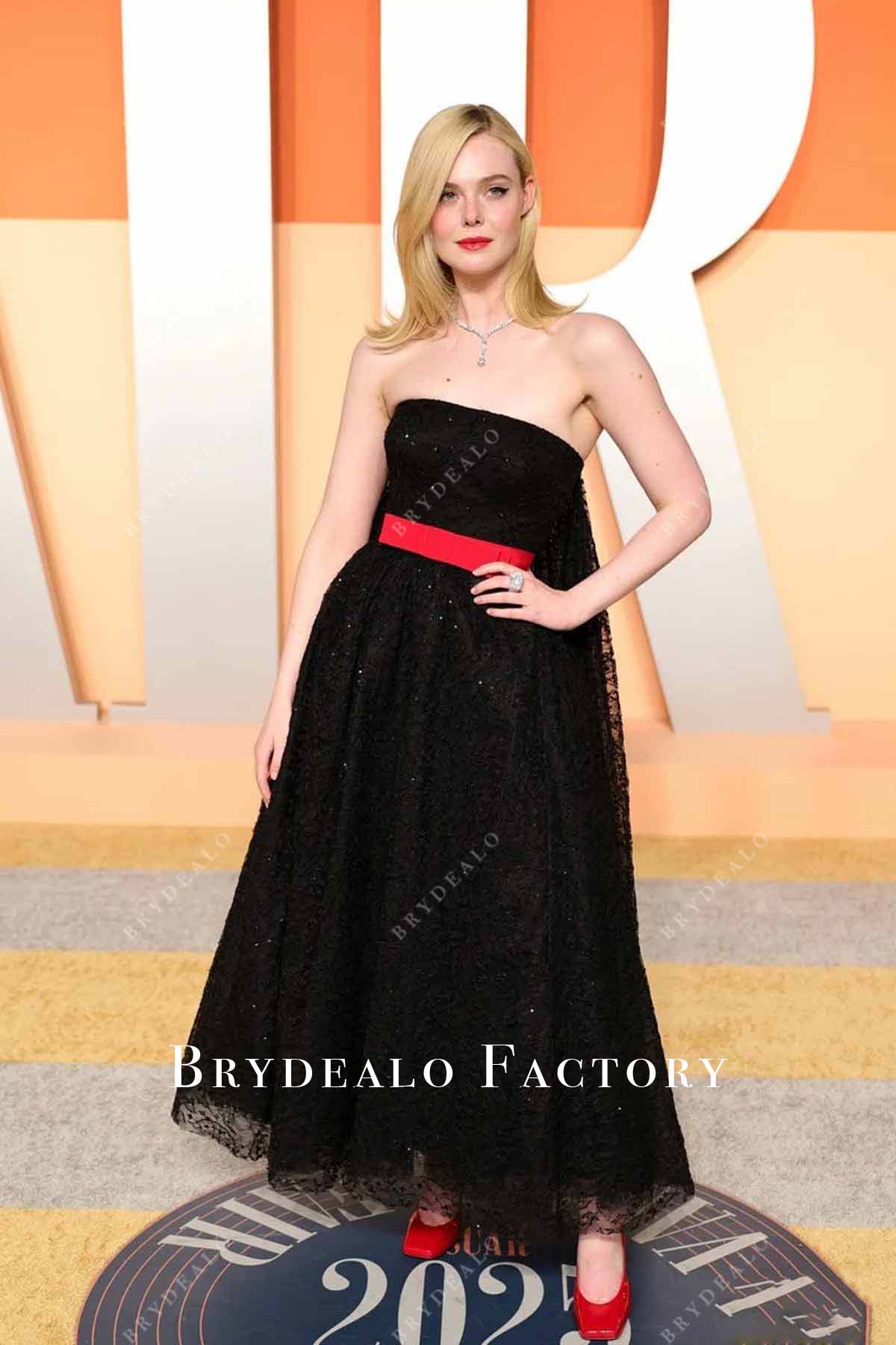 black Elle Fanning a line 2025 Vanity fair party dress