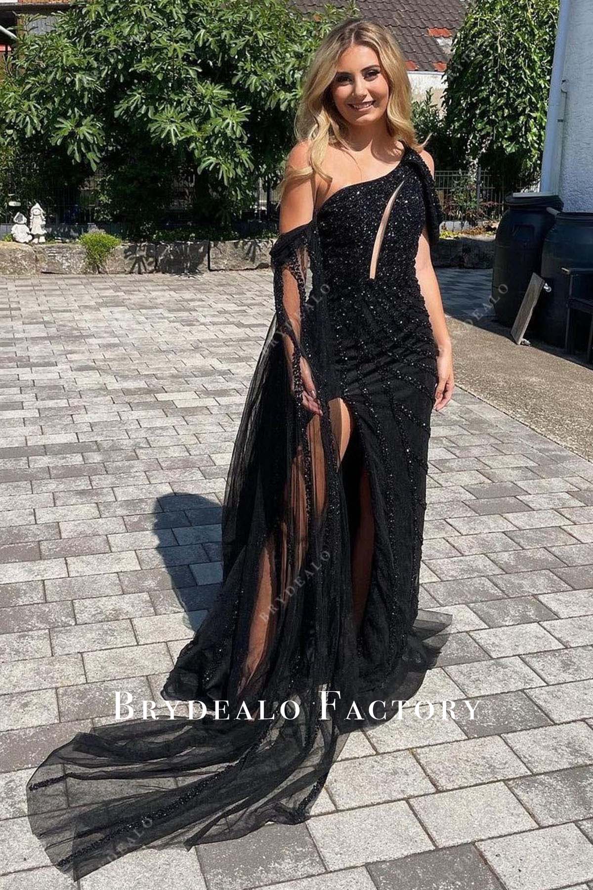 Black Rhinestones Asymmetrical Neckline Slit Prom Dress Black Rhinestones Asymmetrical Neckline Slit Prom Dress