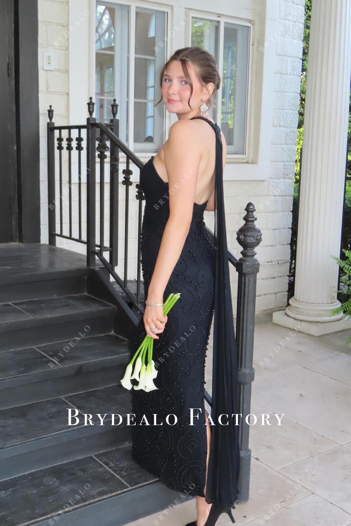 black beaded halter sash prom dress