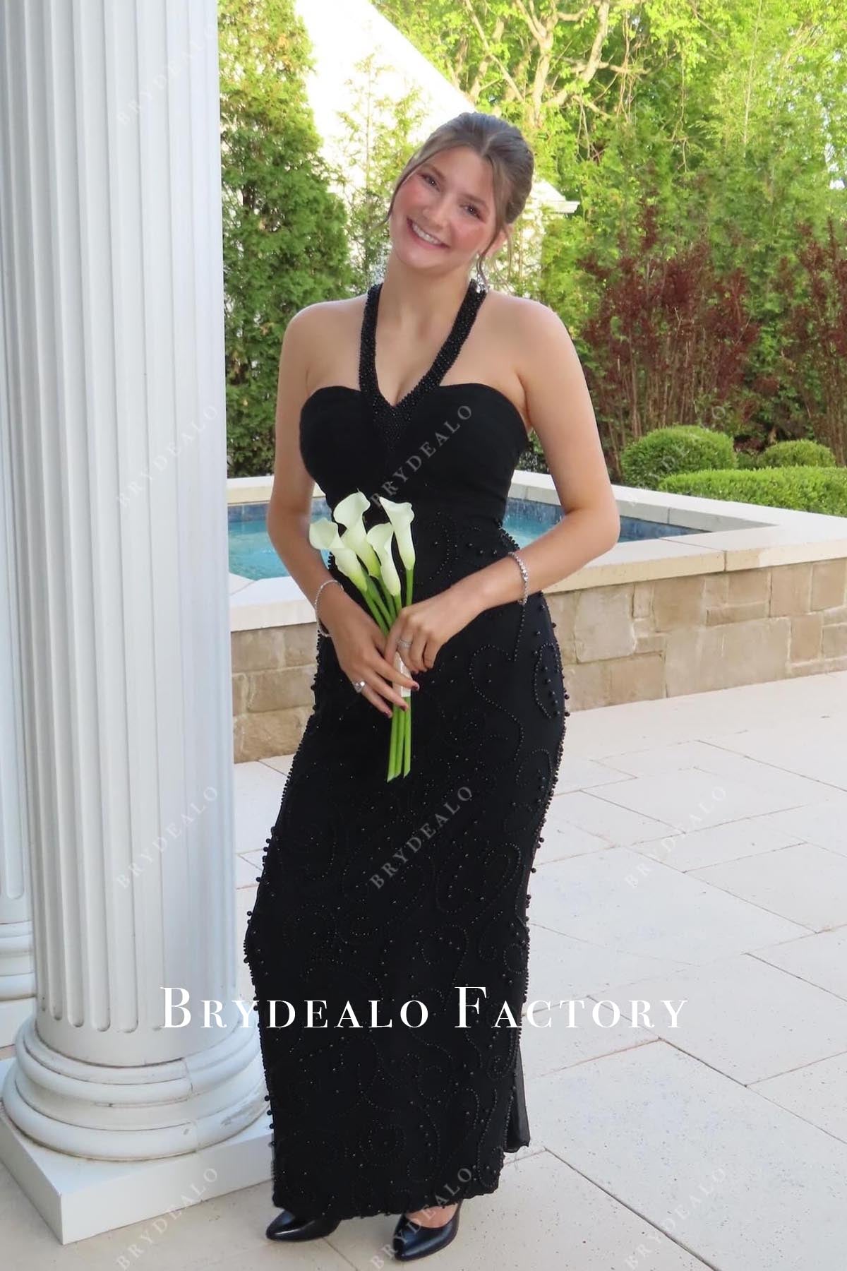 black beaded halter v neck prom dress