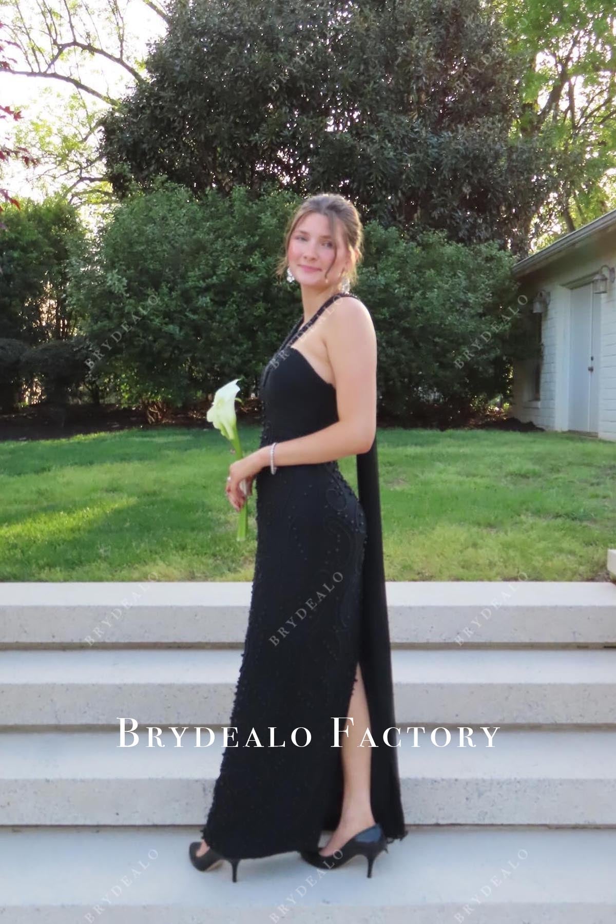 black beaded slit prom dress