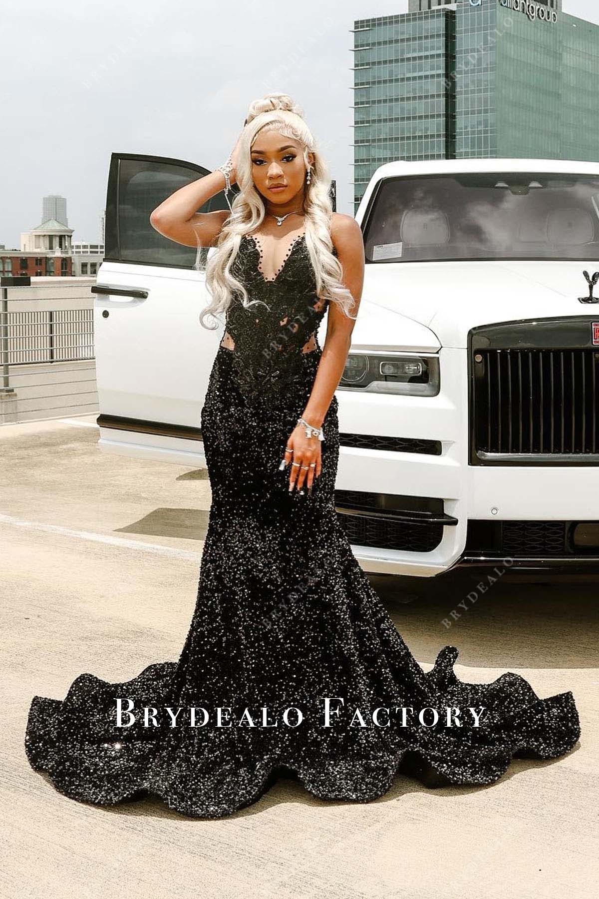 Black Beaded Sequined Mermaid Long Train Prom Dress Black Beaded Sequined Mermaid Long Train Prom Dress