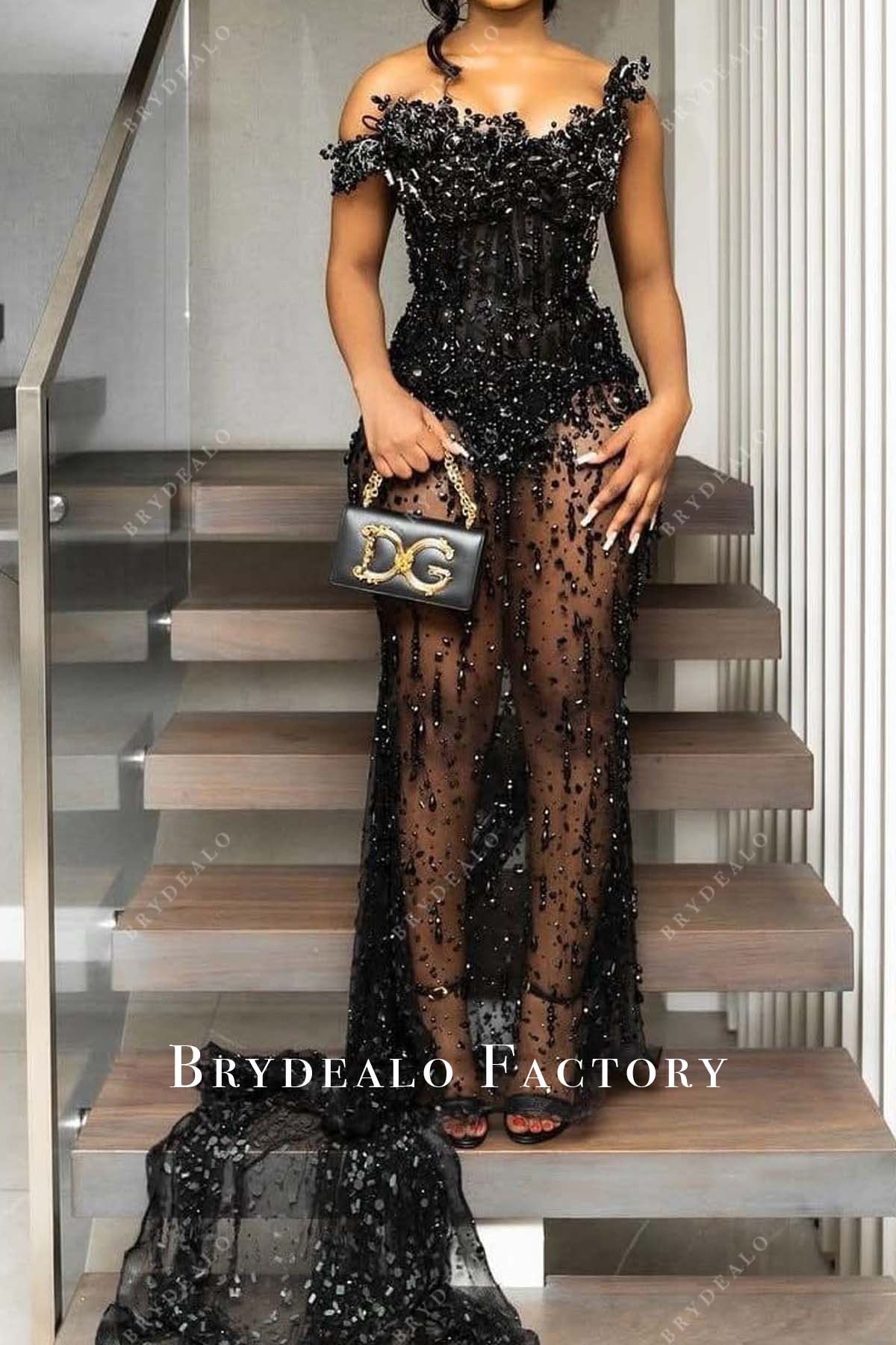 allover crystals black corset see through prom dress