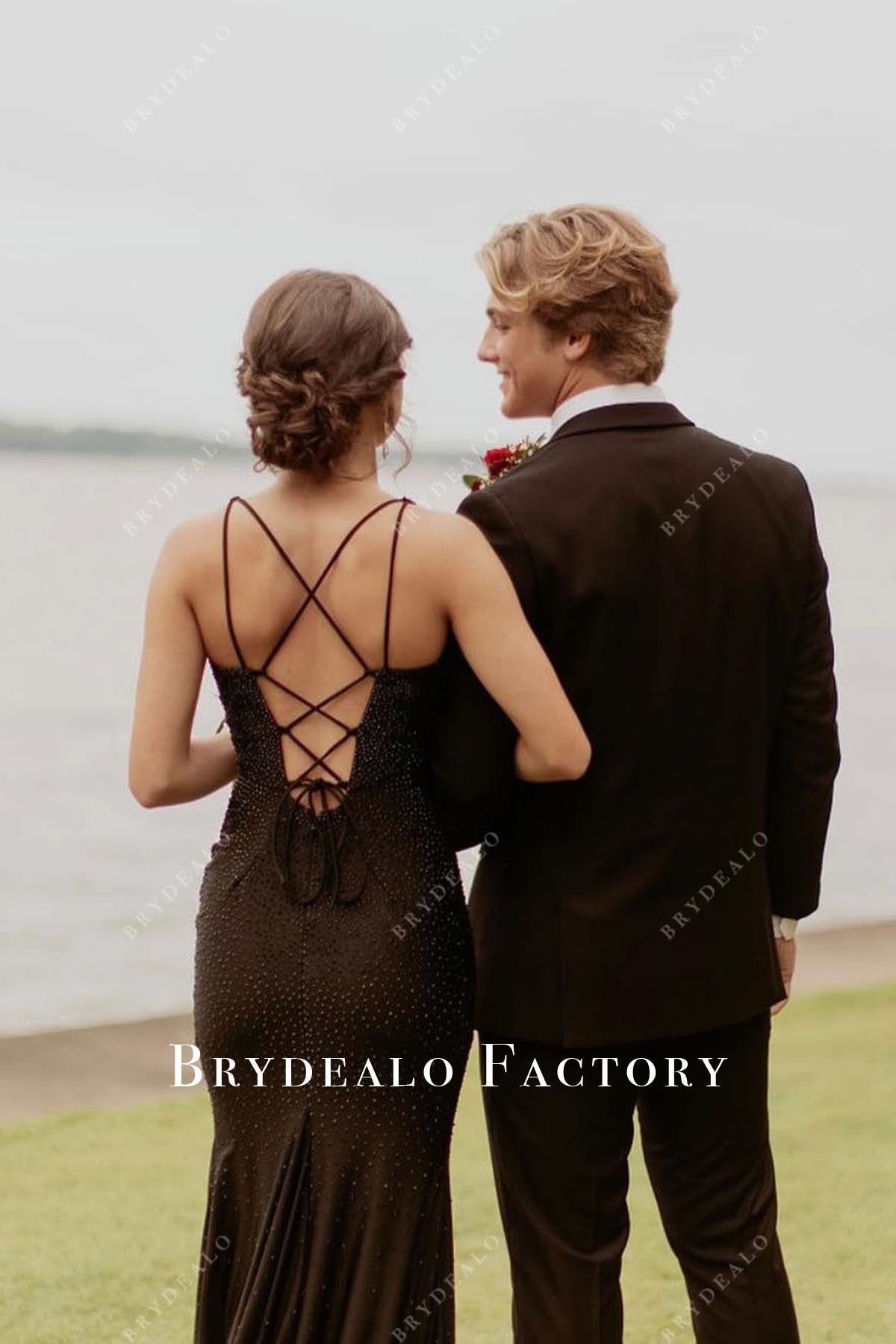 black crisscross back prom dress