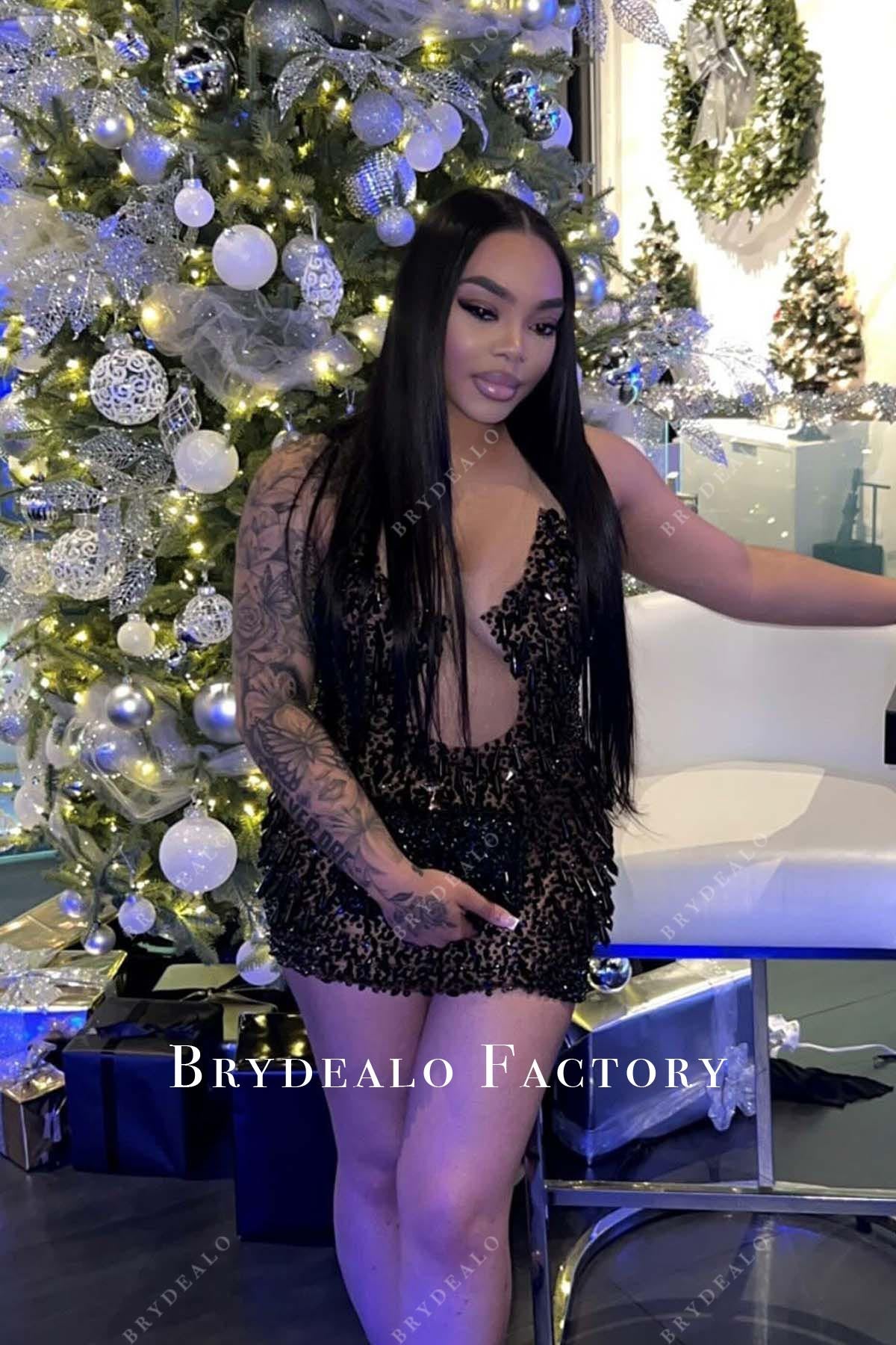 black crystal sleeveless mini prom dress