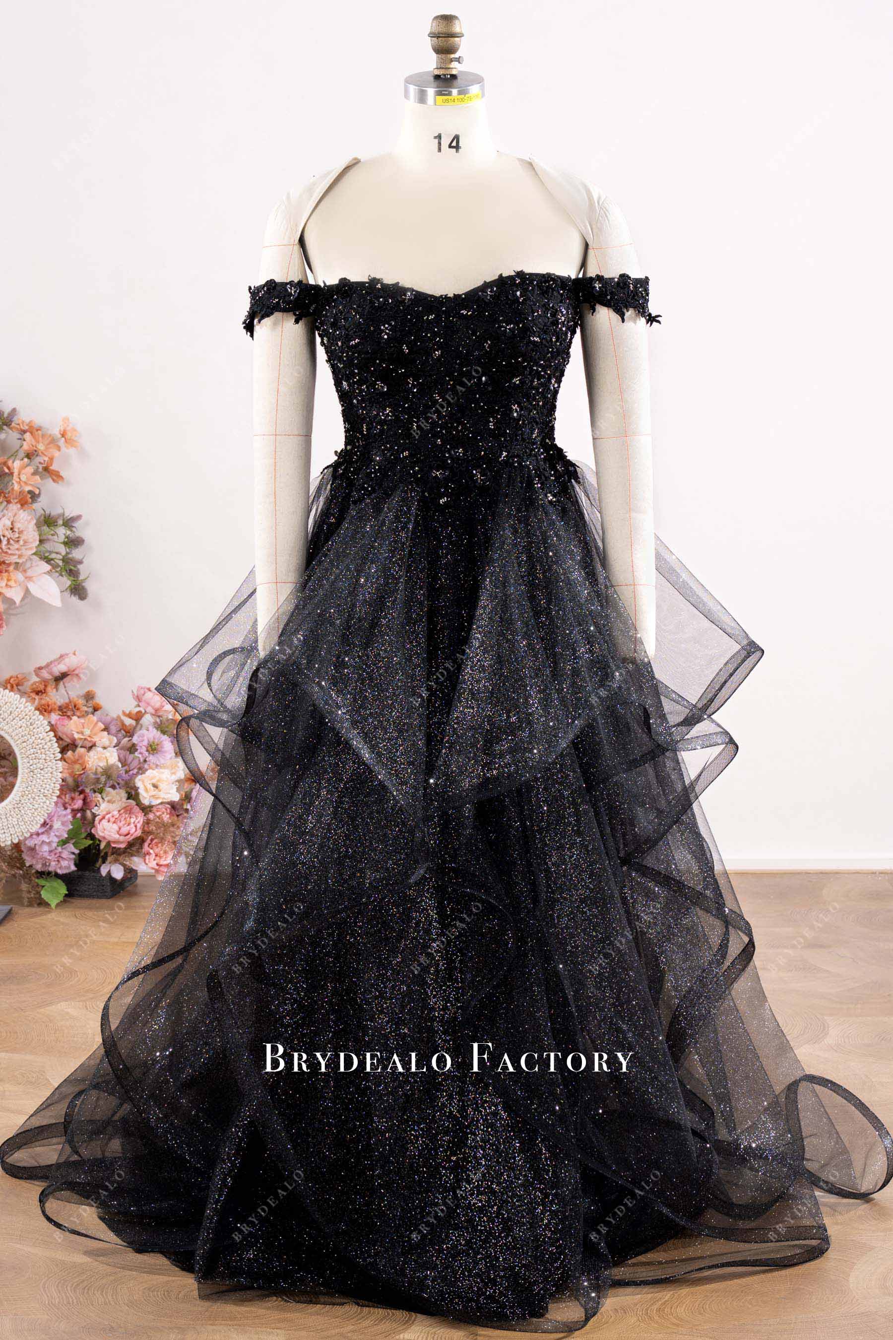 Sparkly Black Semi-Sweetheart Neck Ruffled A-Line Wedding Dress, Black