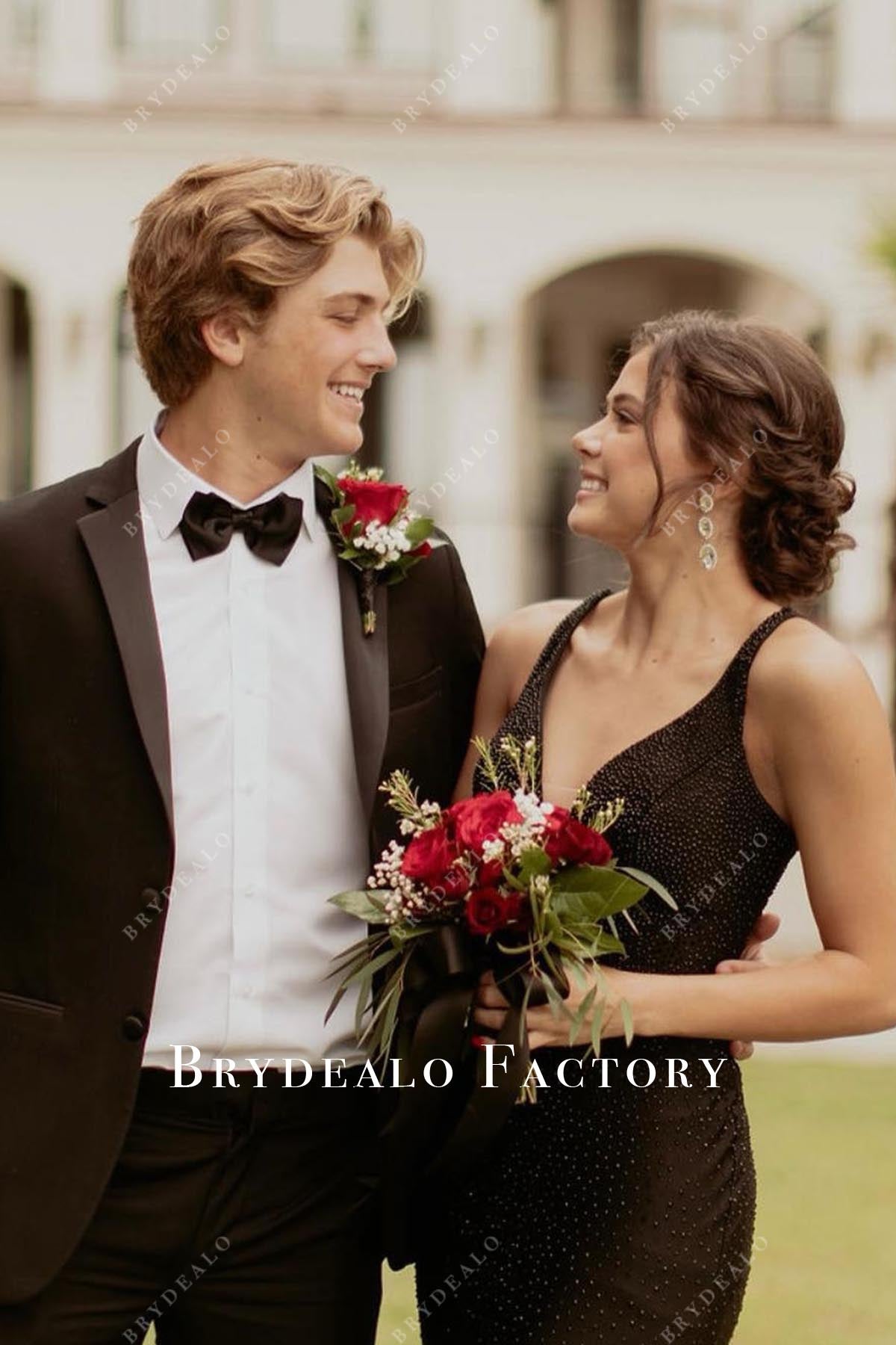 black glitter sleeveless prom dress