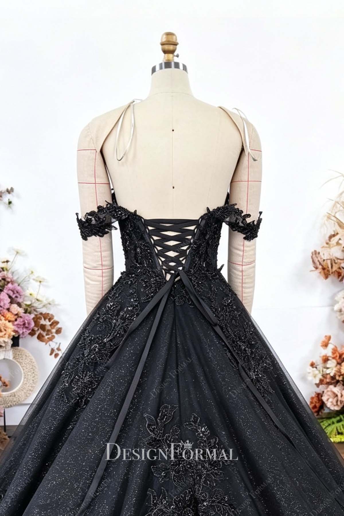 black glitter tulle drop sleeve wedding dress