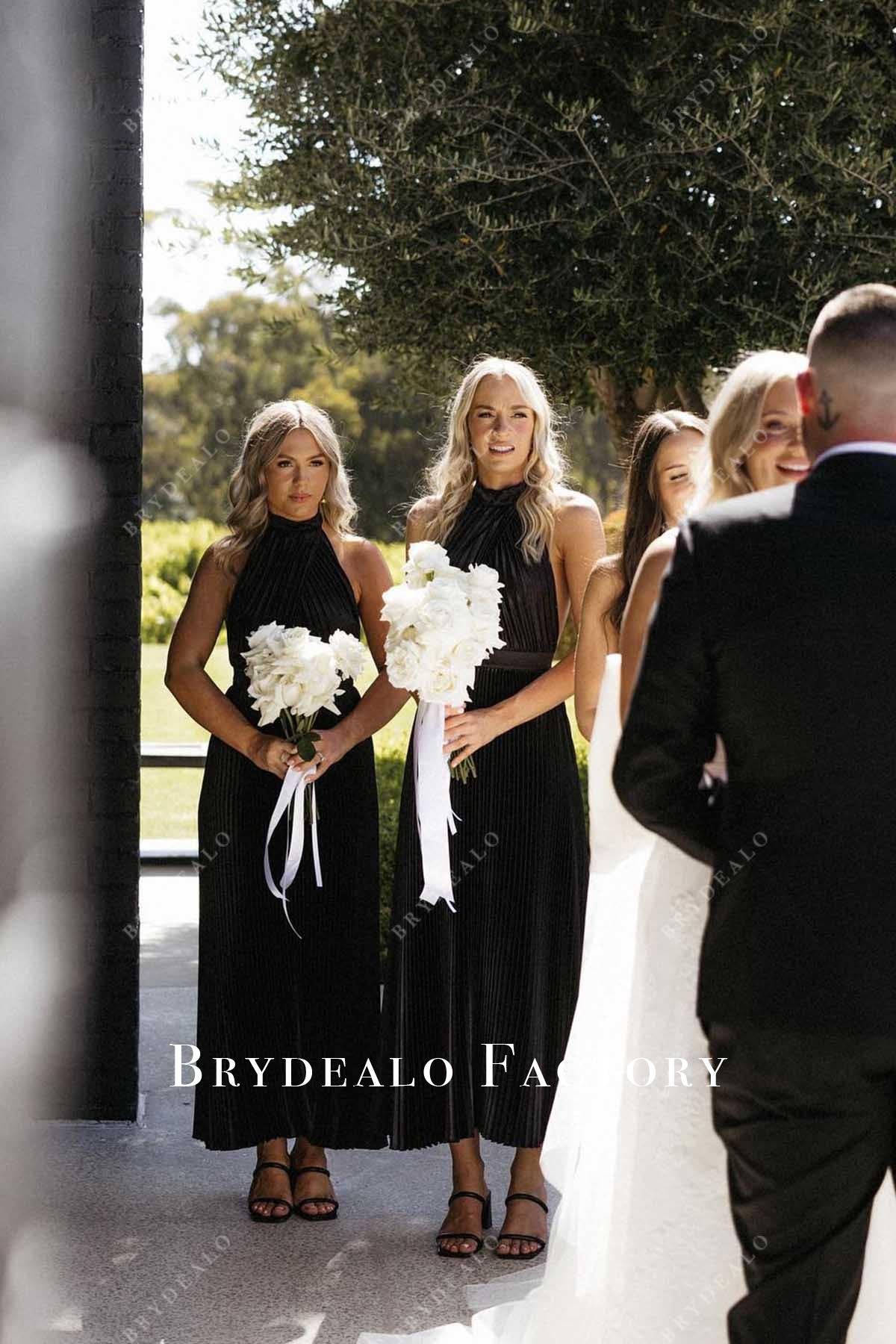 tea length halter bridesmaid dresses Black Halter Sleeveless Pleated A-Line Bridesmaid Dress