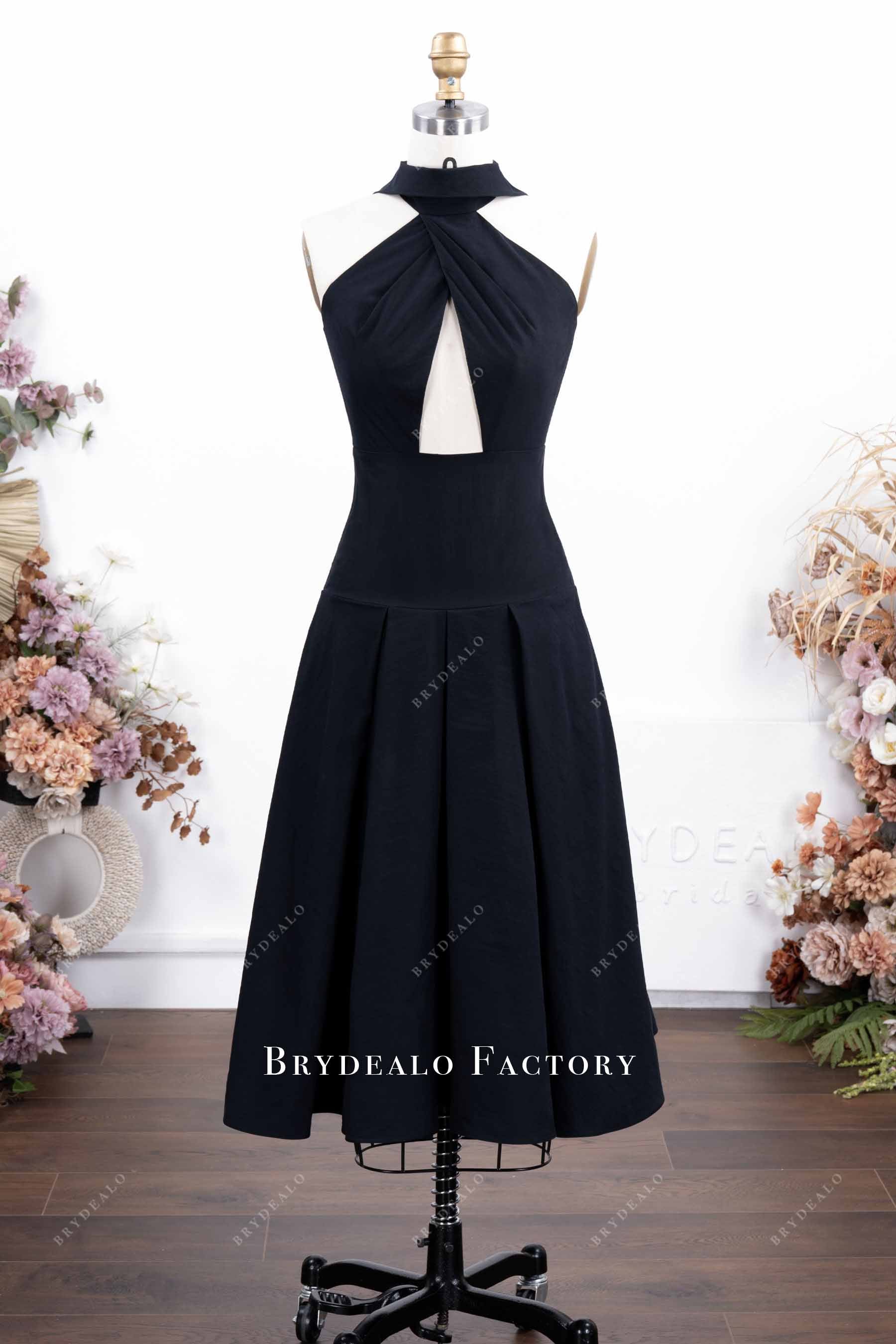 slim fit dress slacks Elegant Black Halter Keyhole Tea-Length Formal Dress