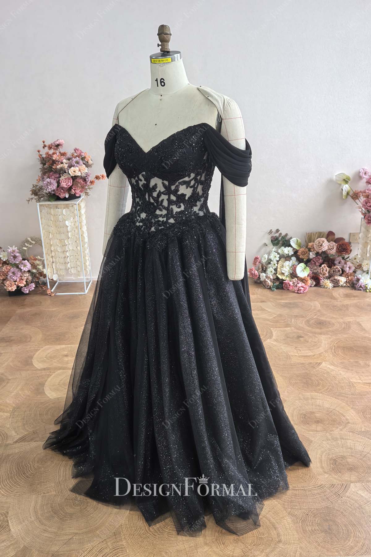 black lace a line formal dress