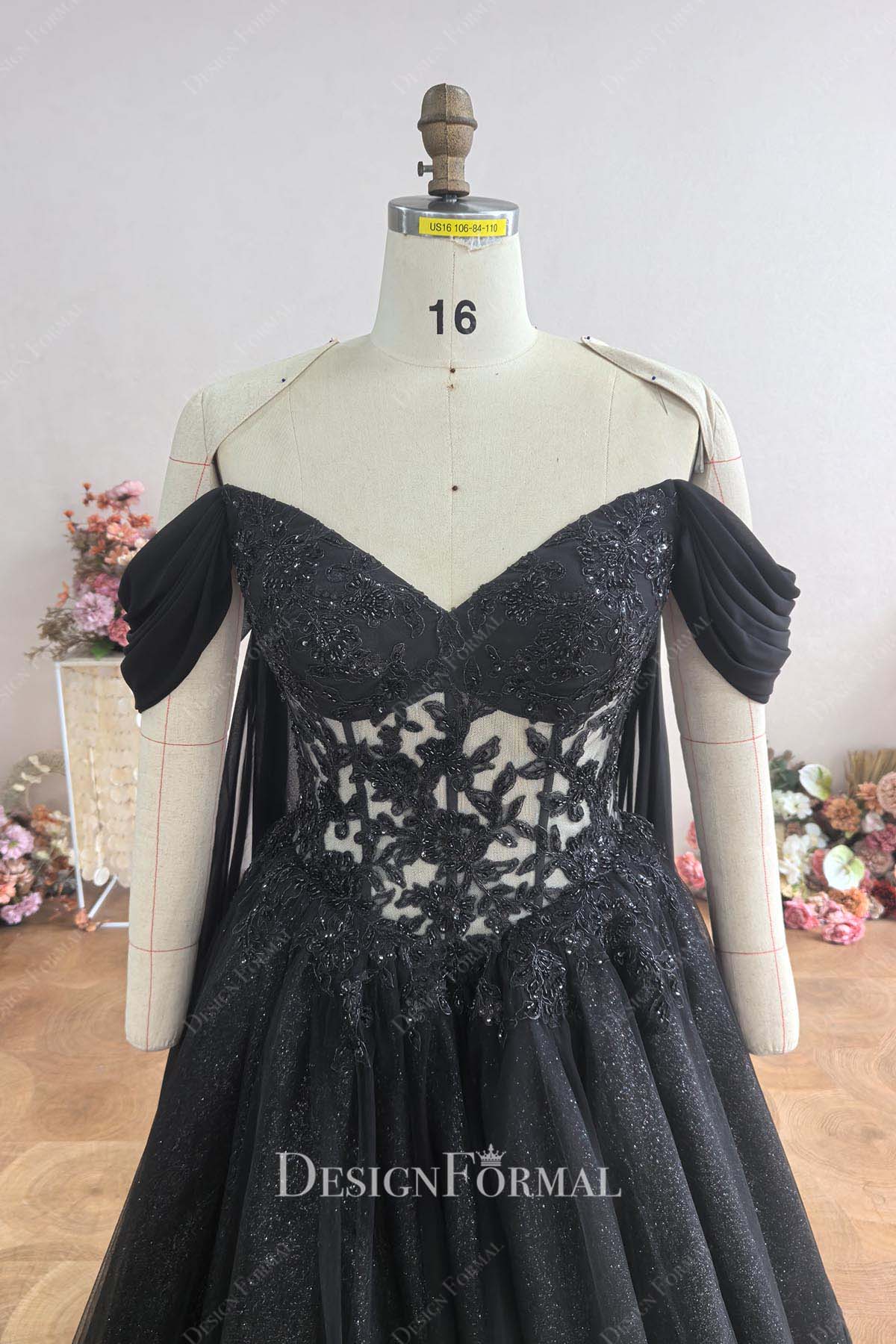 Custom Black Lace Off-The-Shoulder Puffy A-Line Prom Dress