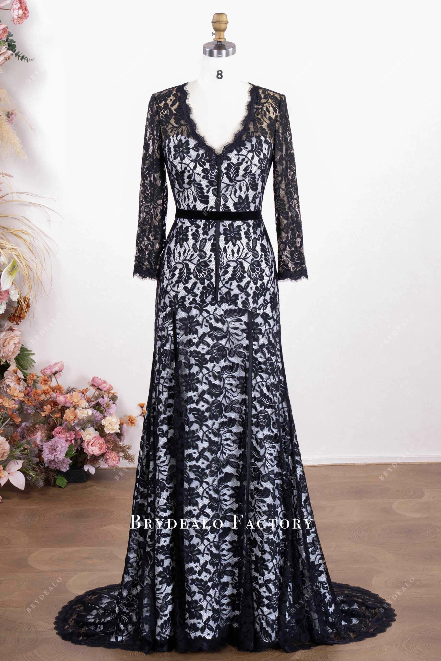 black lace fit flare formal dress