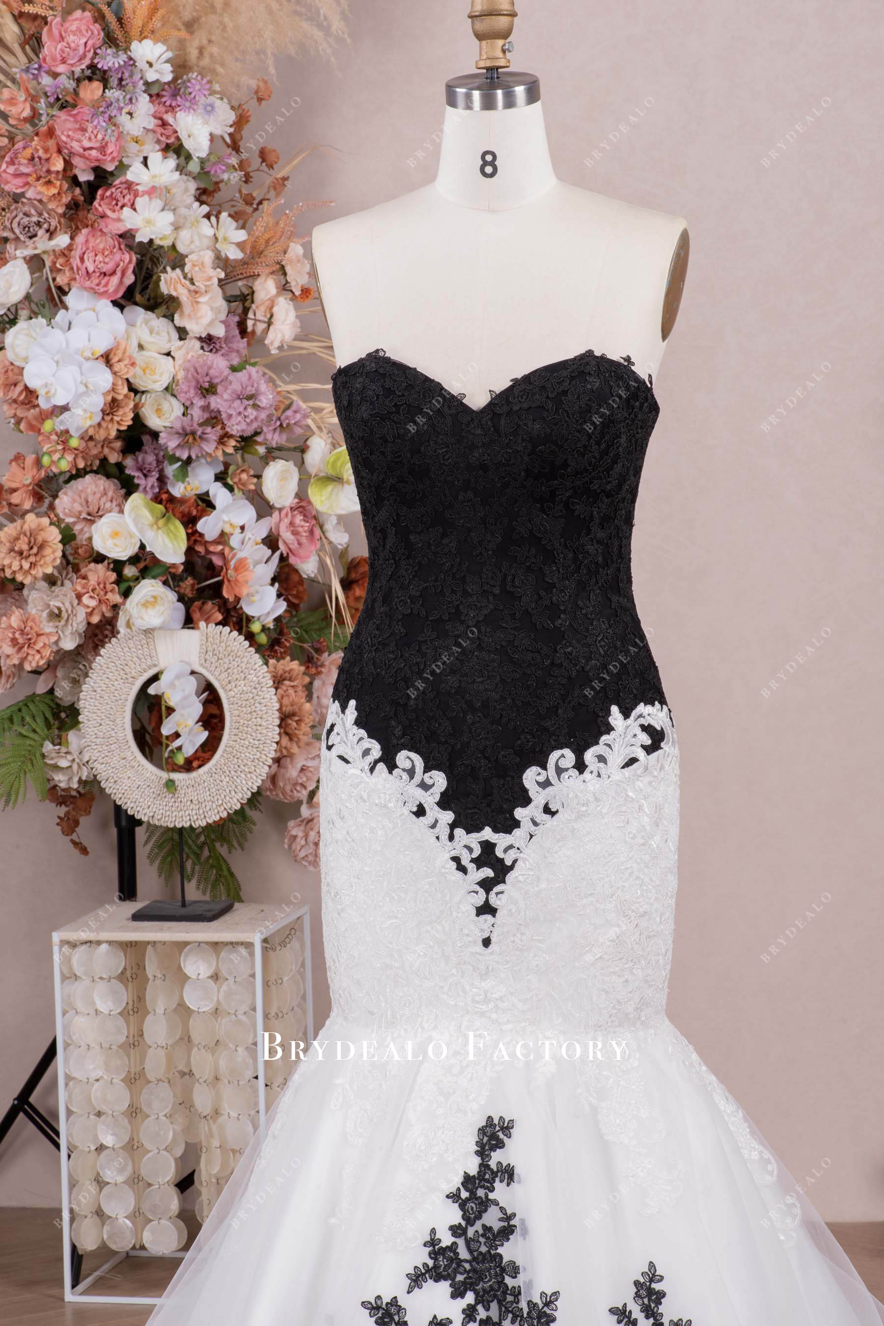 black lace strapless sweetheart bridal dress
