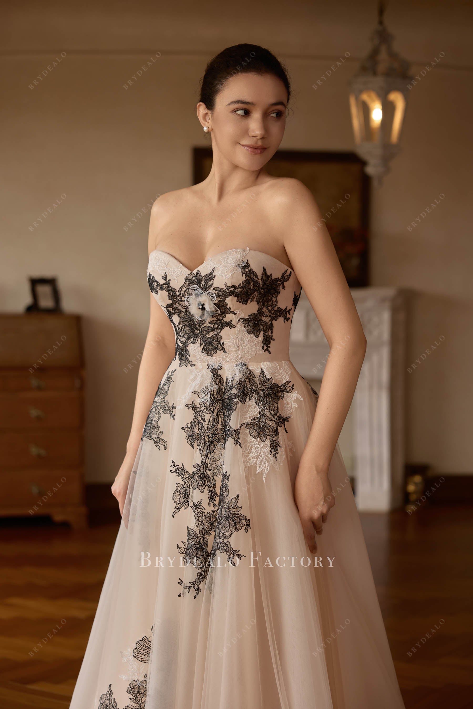 black lace strapless wedding dress