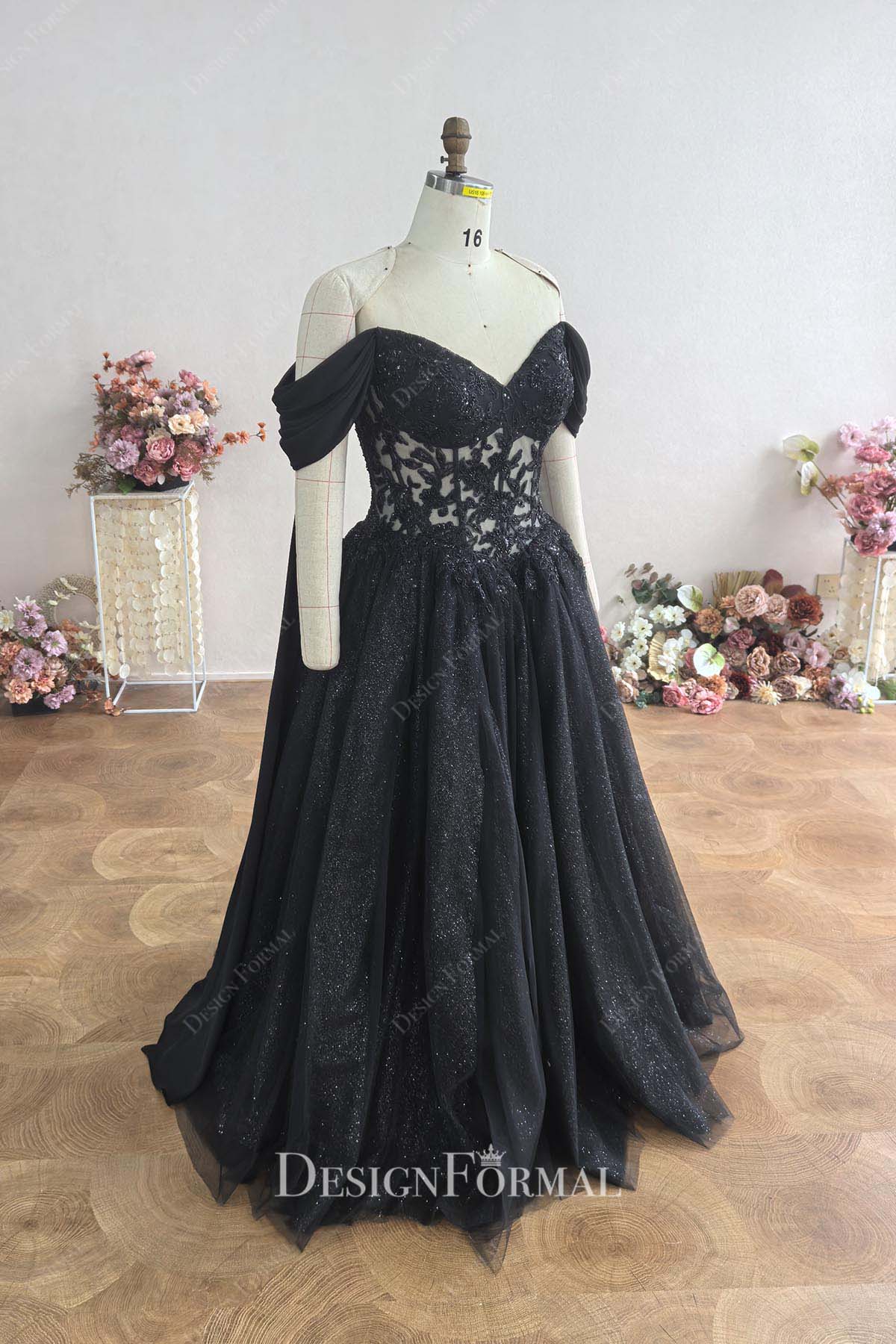 black lace tulle floor length formal dress