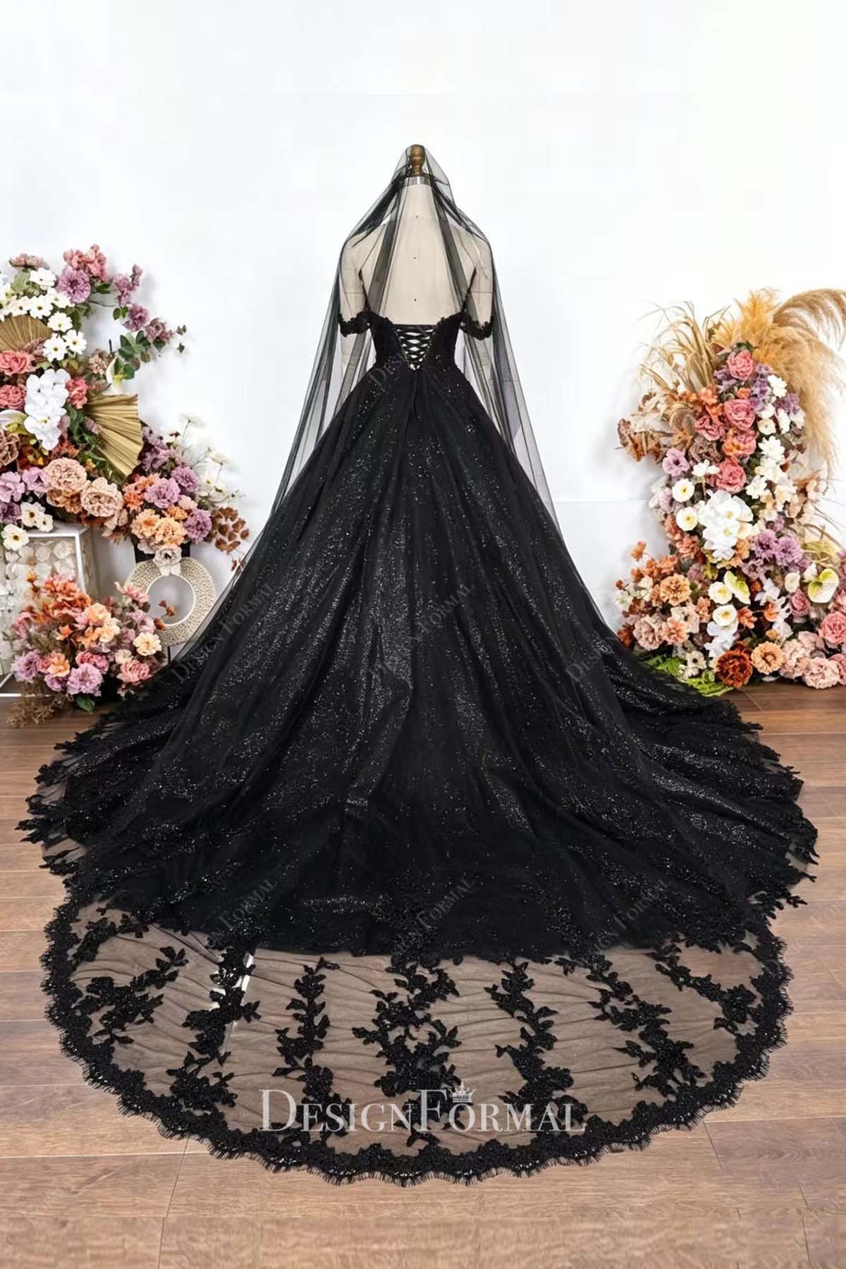 black lace tulle with veil wedding gown