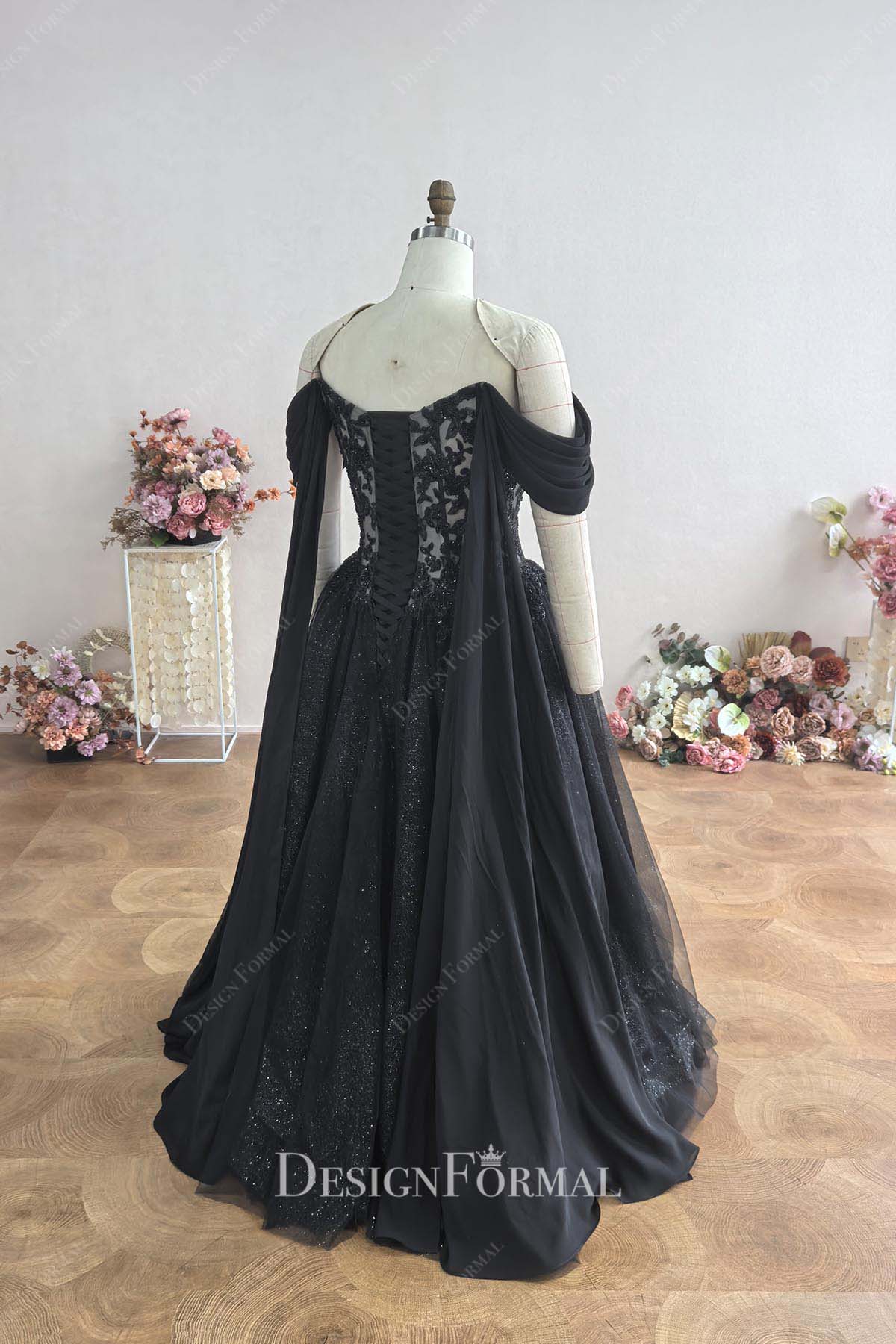 black lace up back formal dress