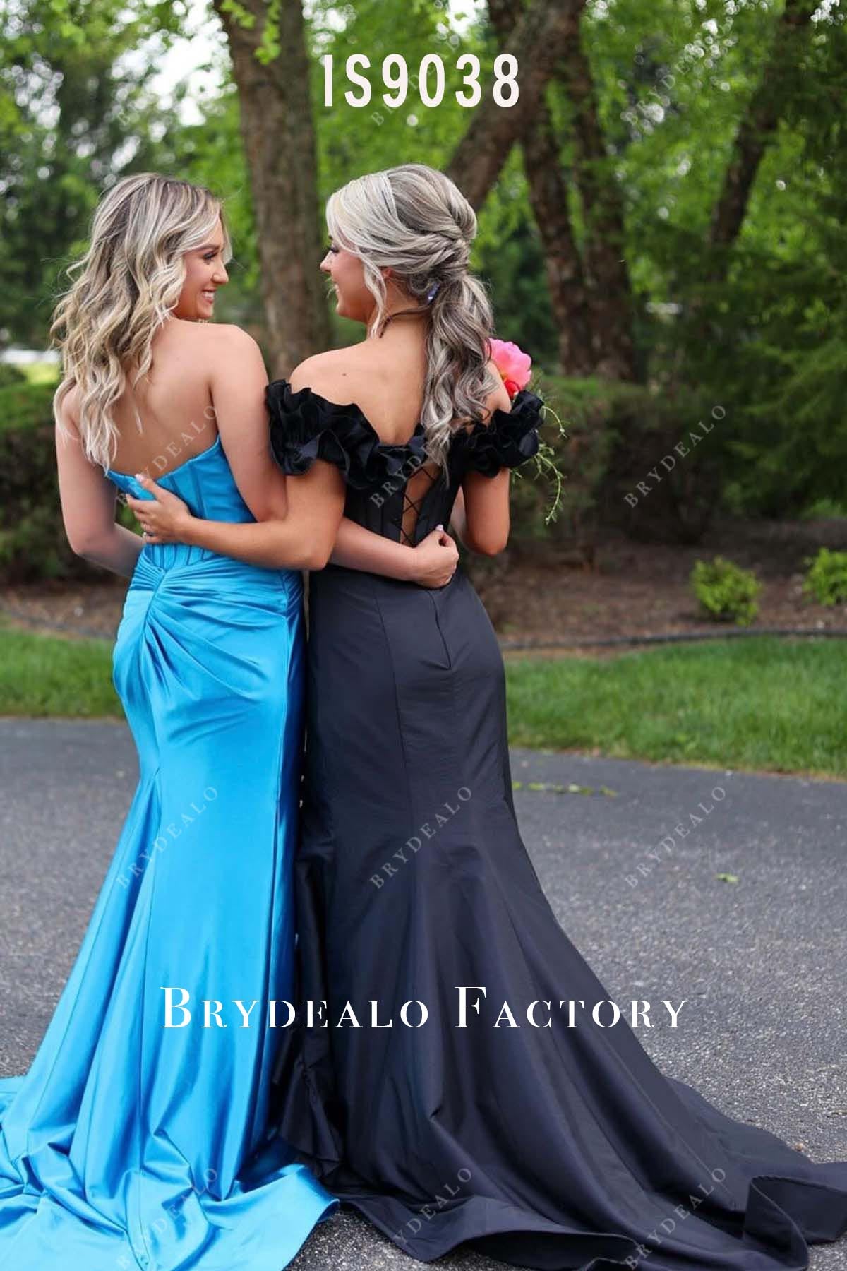 black mermaid court train prom dress