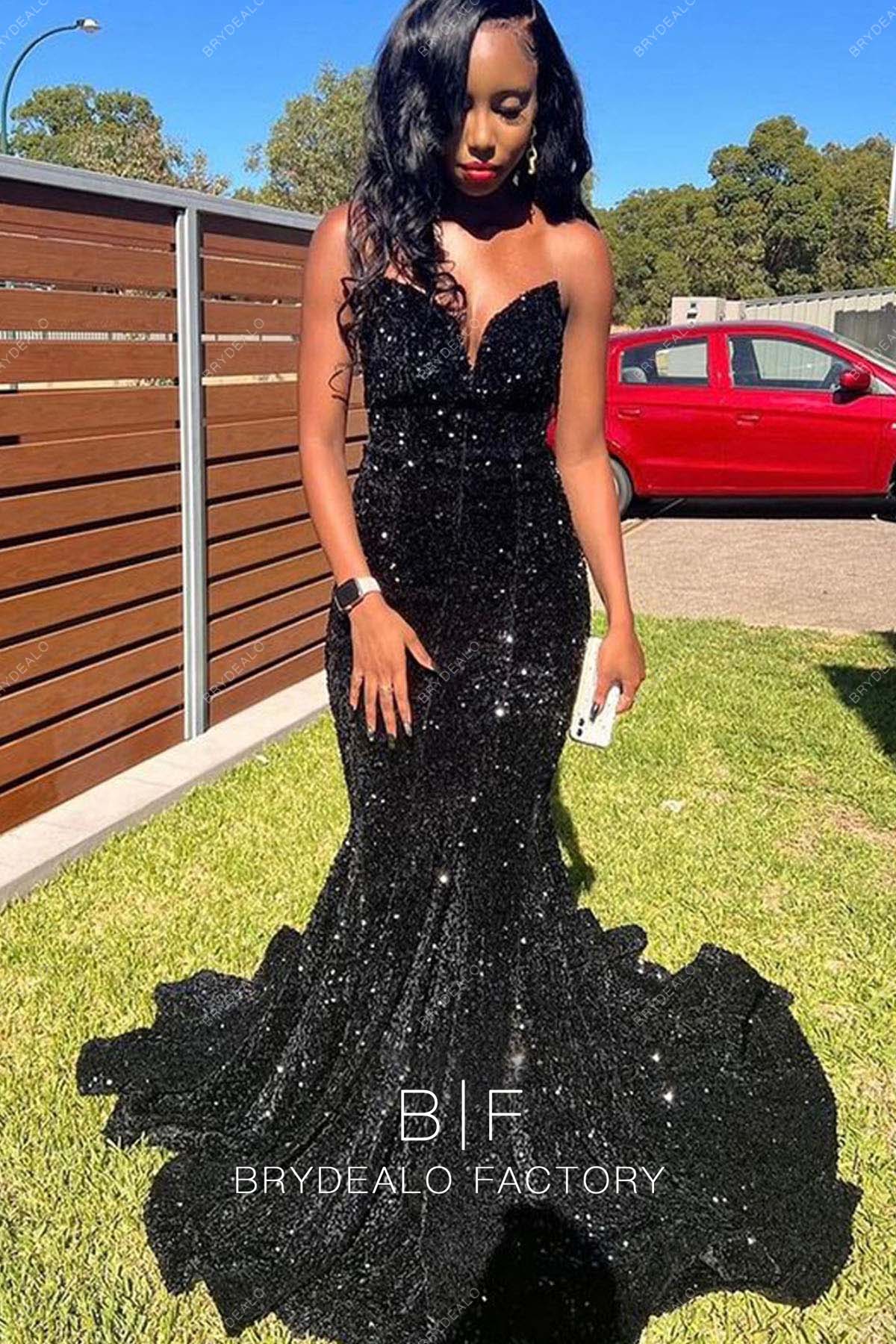 Trendy Black Sequin Strapless Sparkly Trumpet Long Prom Dress