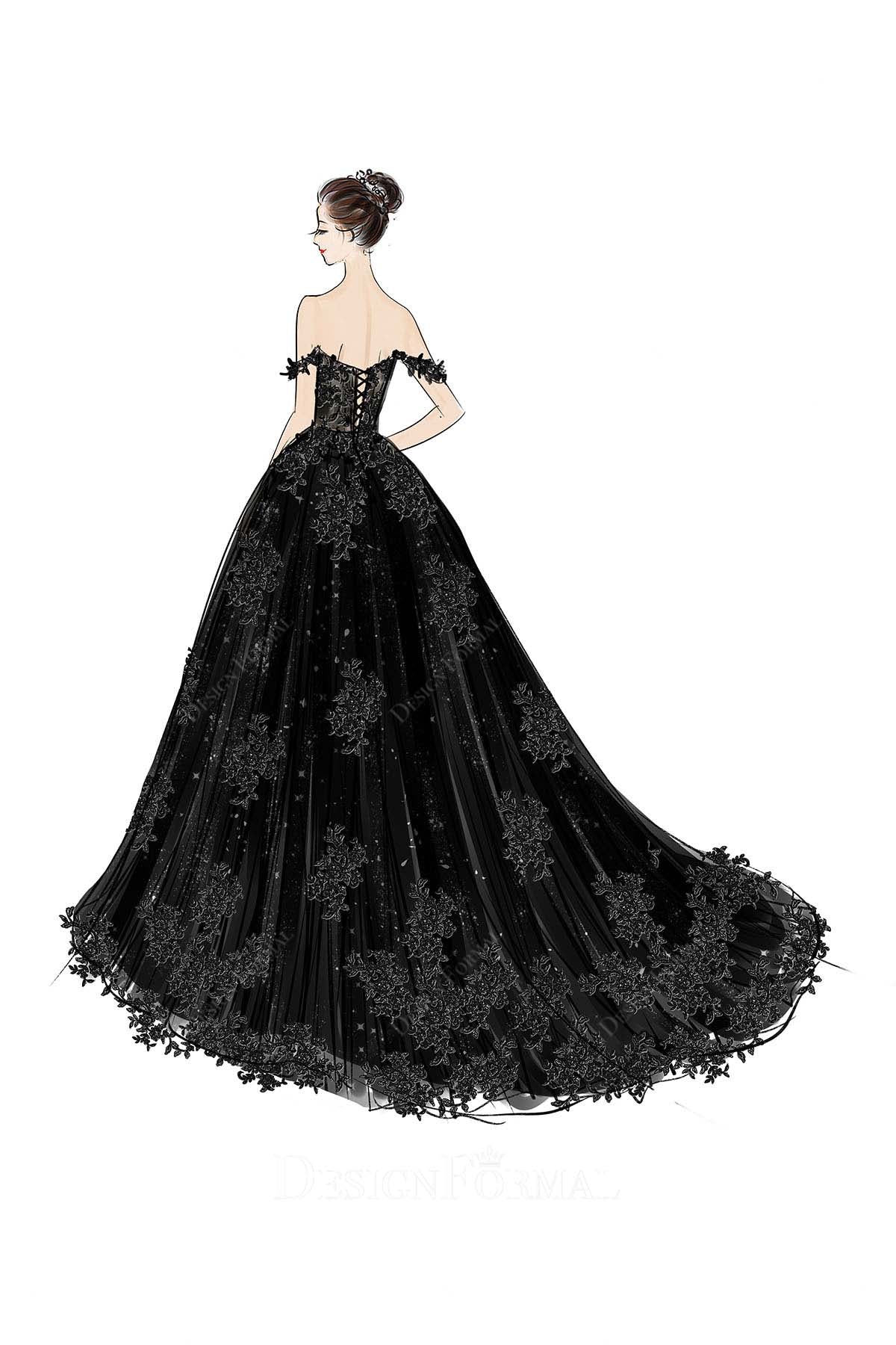 black off shoulder cathedral train wedding gown