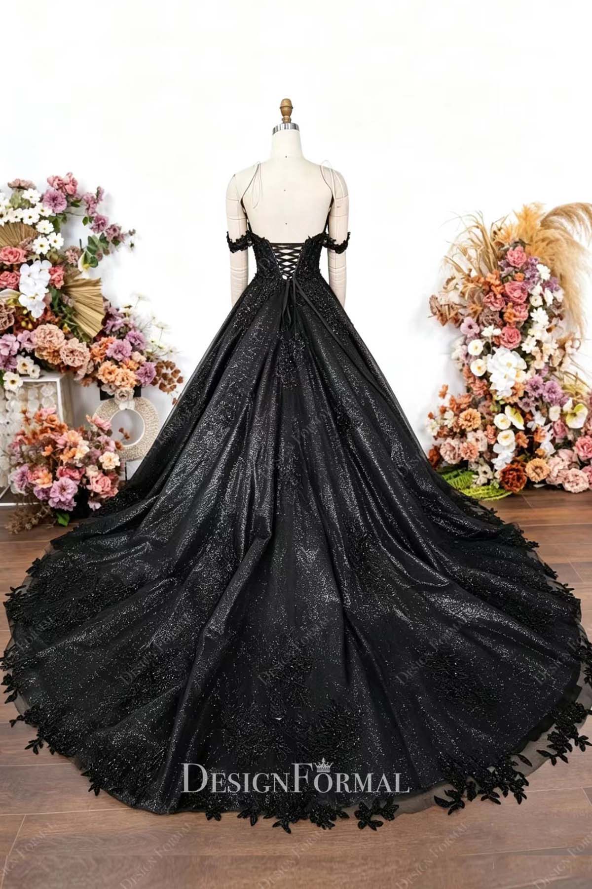 black off shoulder cathedral train wedding gown