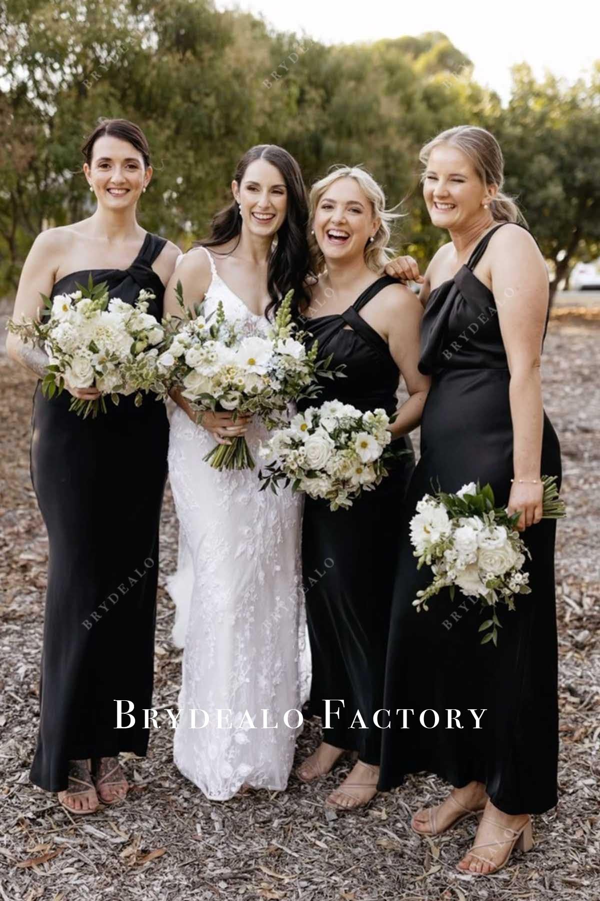 black one shoulder ankle length bridesmaid dress