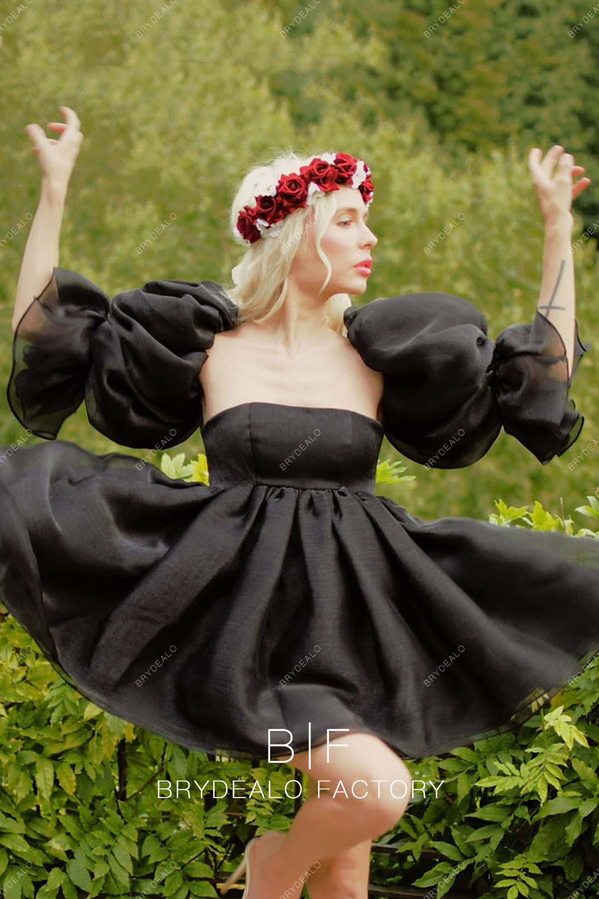 Black Organza Marie Sleeves Short Graduation Dress