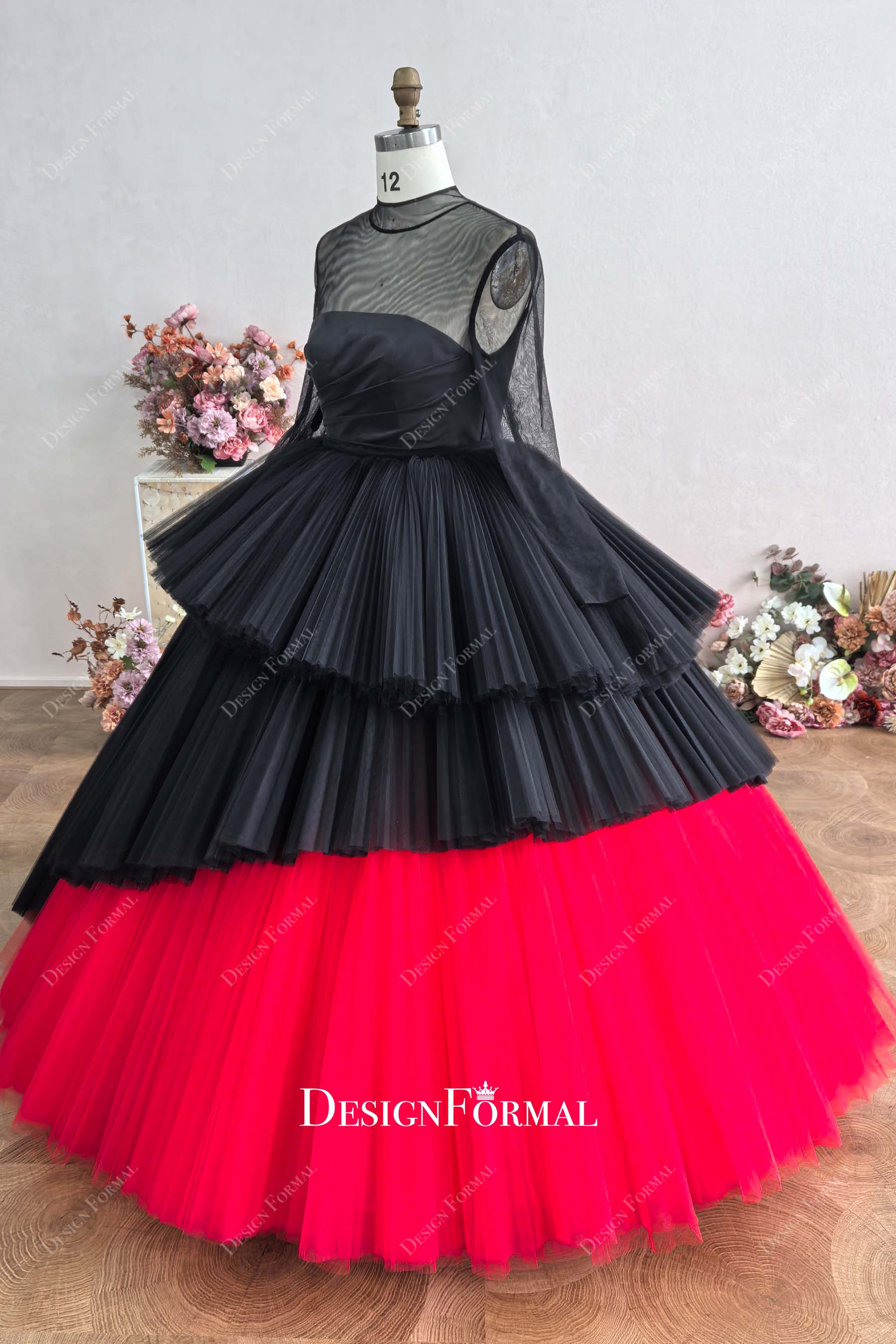 black red floor length pleated tulle gothic wedding dress