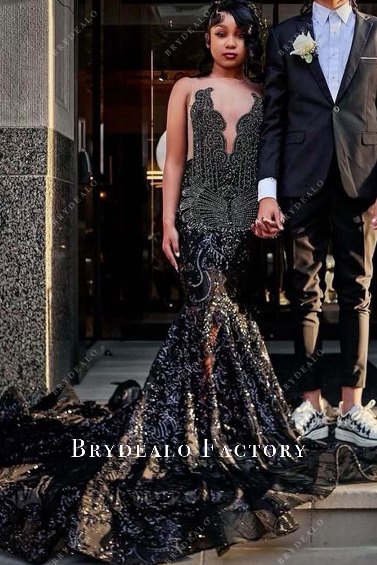 Black Rhinestone Sequin Mermaid Long Train Prom Dress