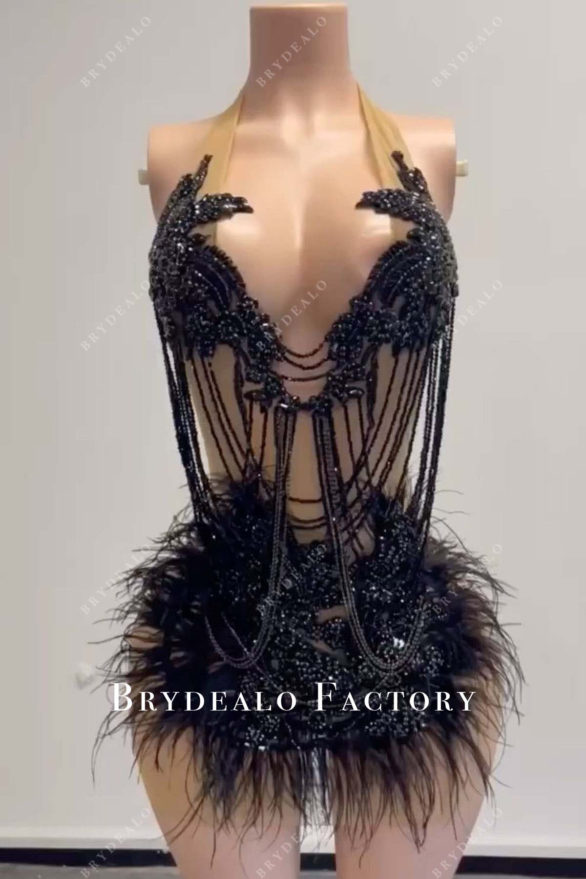 Black Rhinestones Feathered Halter Mini Cocktail Prom Dress