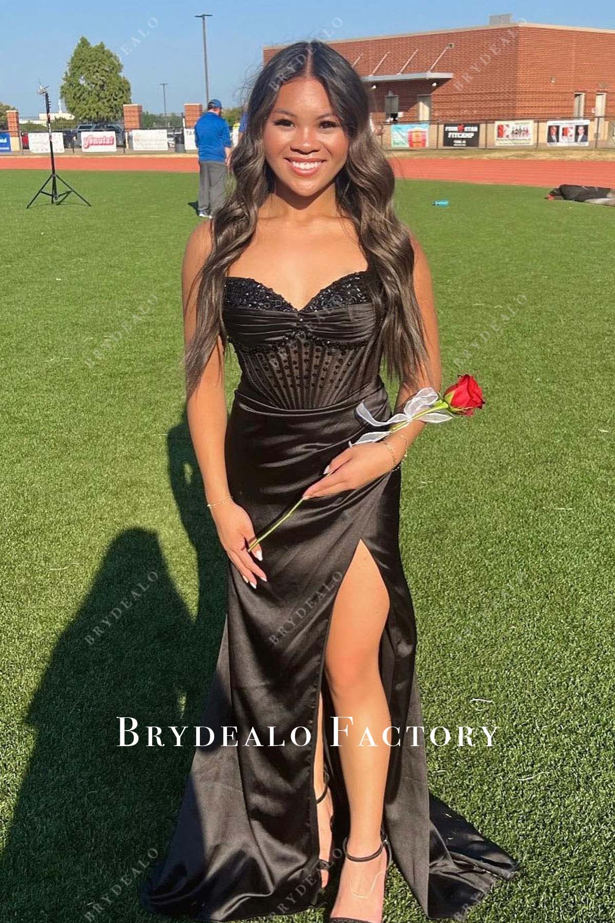 Black Satin Strapless Shimmer Corset Slit Homecoming Dress Black Satin Strapless Shimmer Corset Slit Homecoming Dress