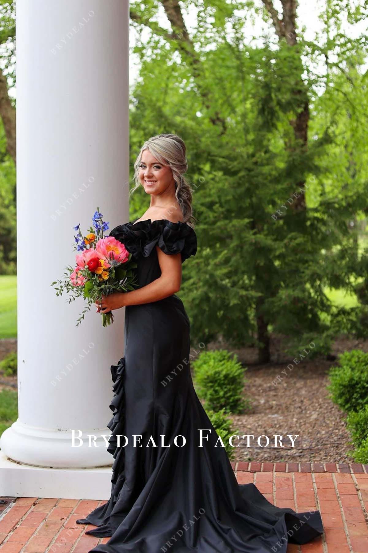 black ruffled neckline prom dress