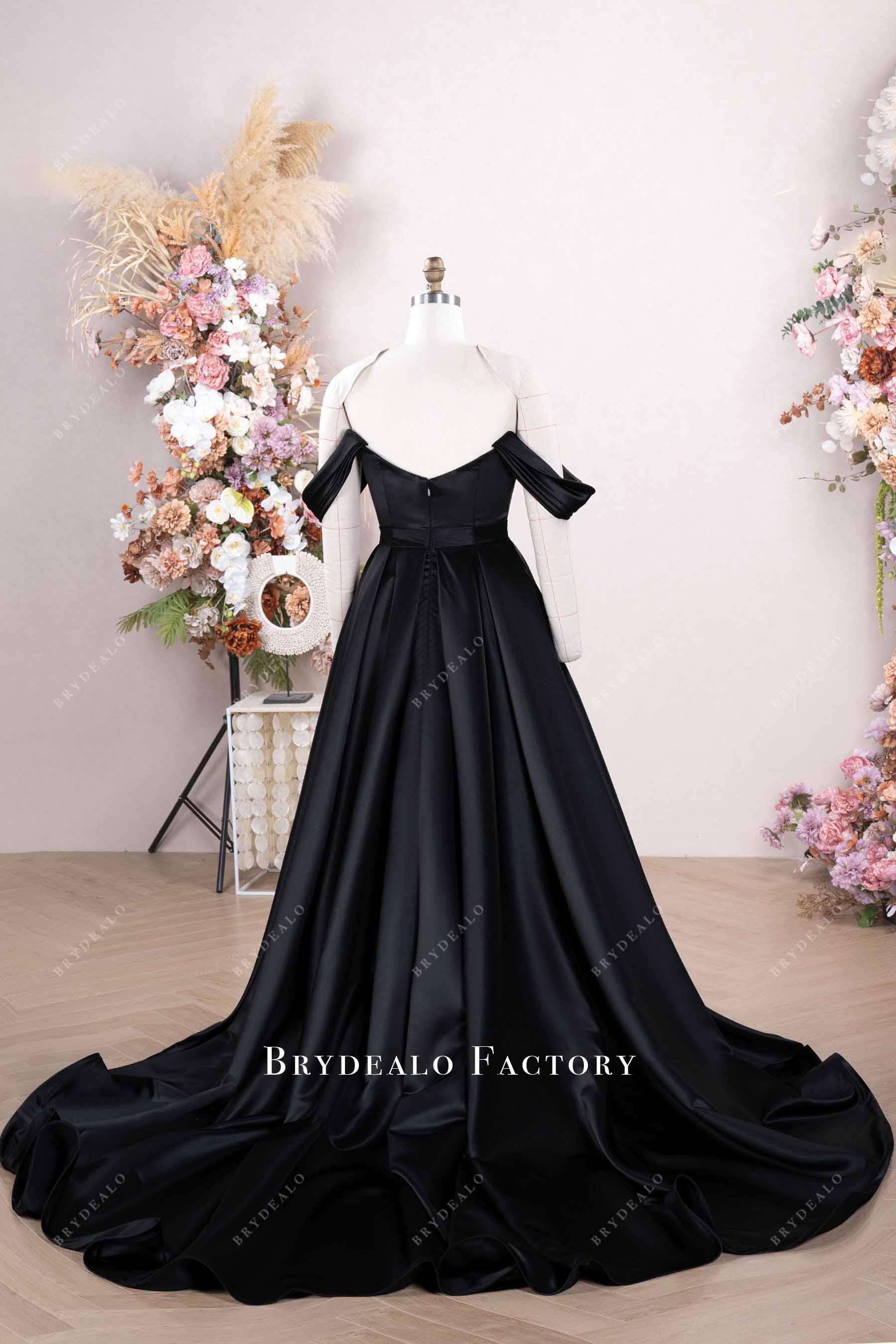 black satin chapel train wedding dress