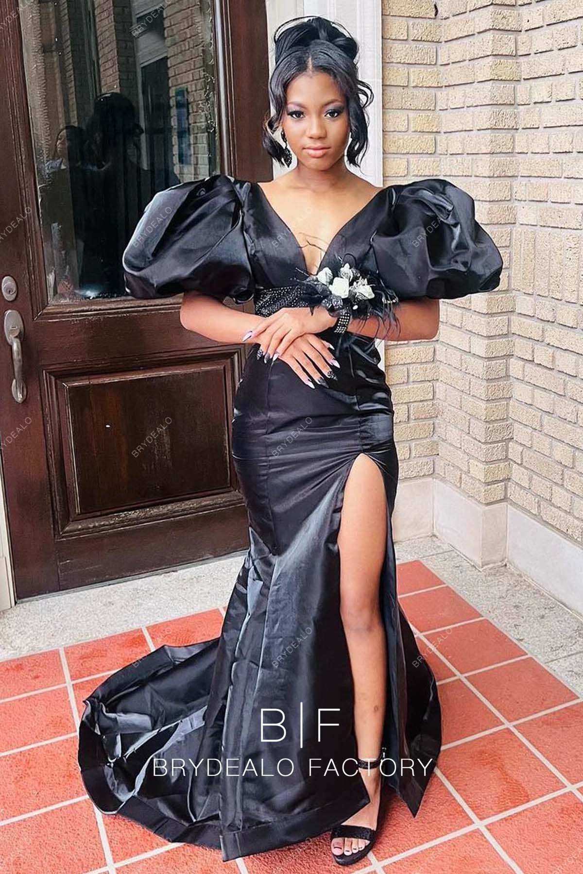 Black Satin Puff Sleeves V-neck Mermaid Slit Prom Evening Gown Black Satin Puff Sleeves V-neck Mermaid Slit Prom Evening Gown