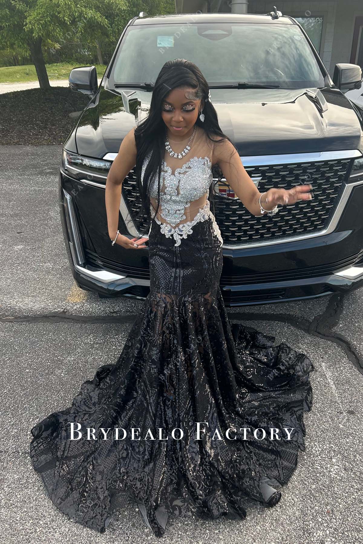 chinese dress ladies Long Black Mermaid Prom Dress with Beads Black / 10 main image 1