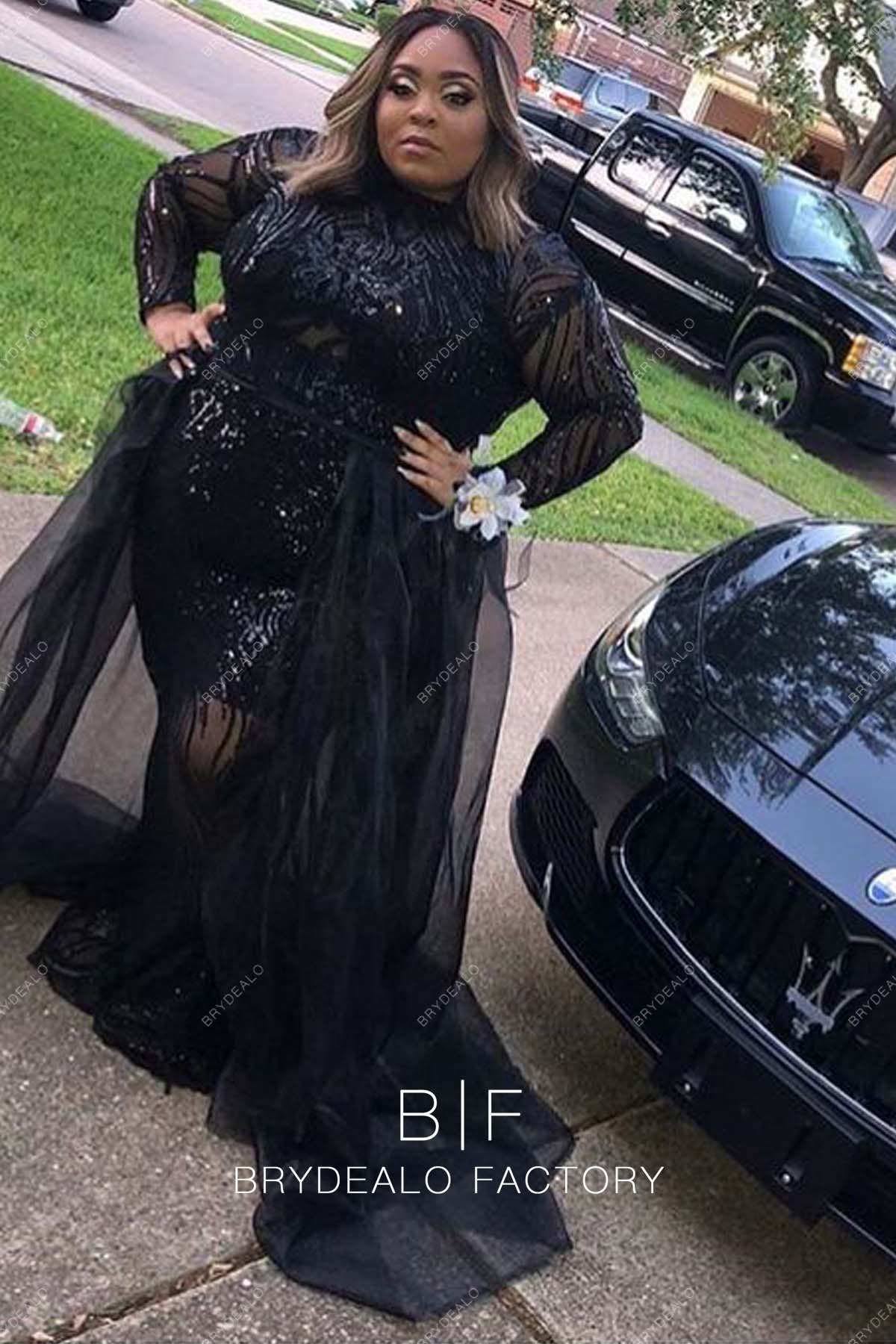 Plus Size Black Sequin Long Sleeve Prom Dress with Overskirt Plus Size Black Sequin Long Sleeve Prom Dress with Overskirt