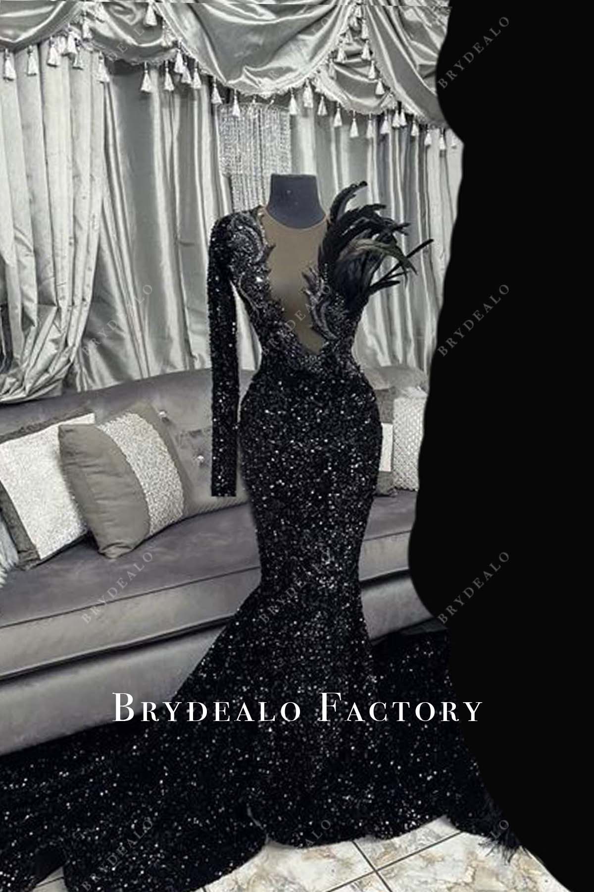 black long sleeve lace mermaid prom dress One Sleeve Black Sequins Cock Tail Feather Mermaid Prom Dress