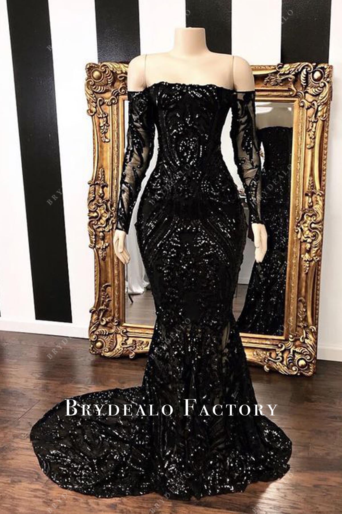 Robe de bal sirène longue à manches longues et sequins noirs uniques,