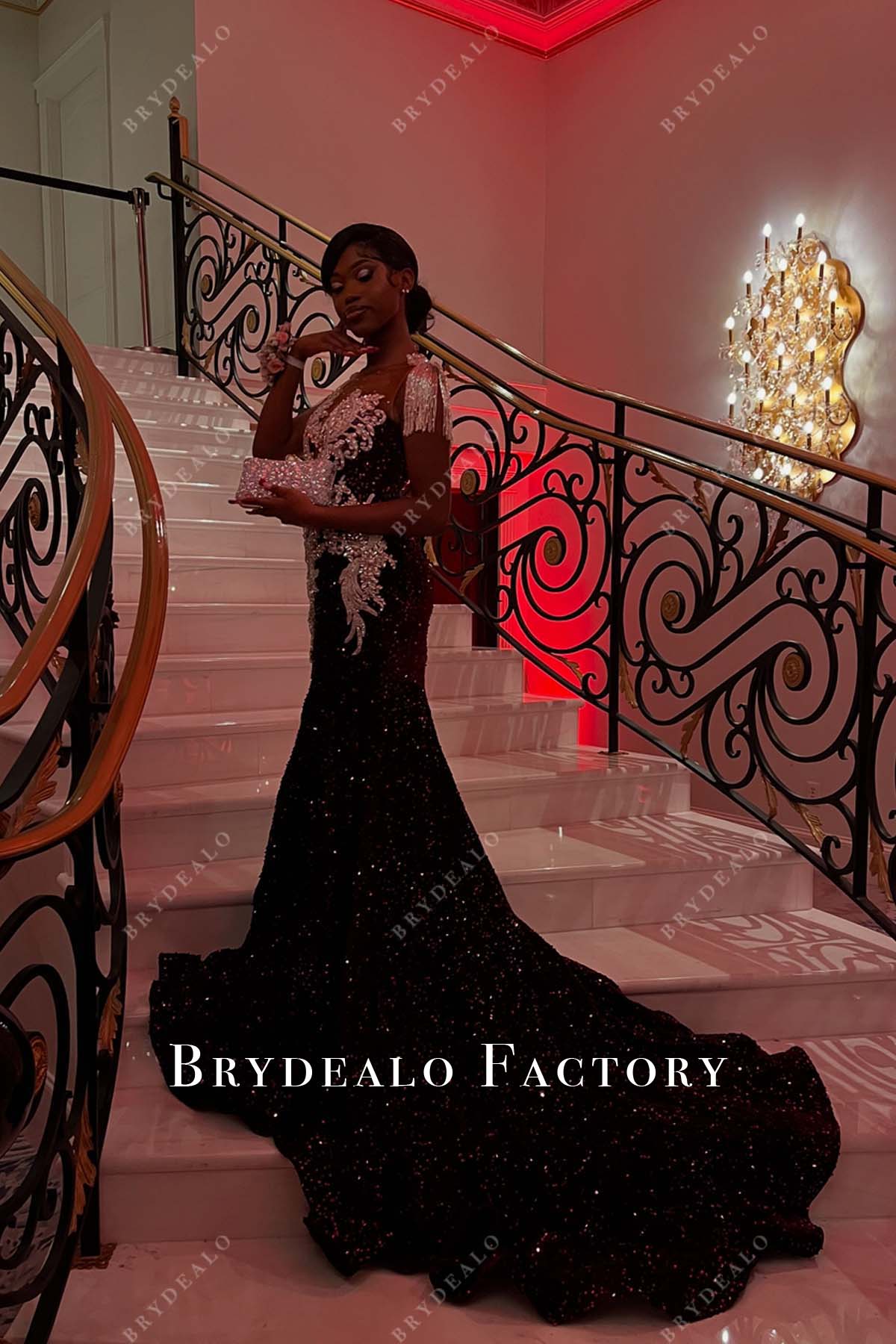 black sequin silver rhinestone prom dress