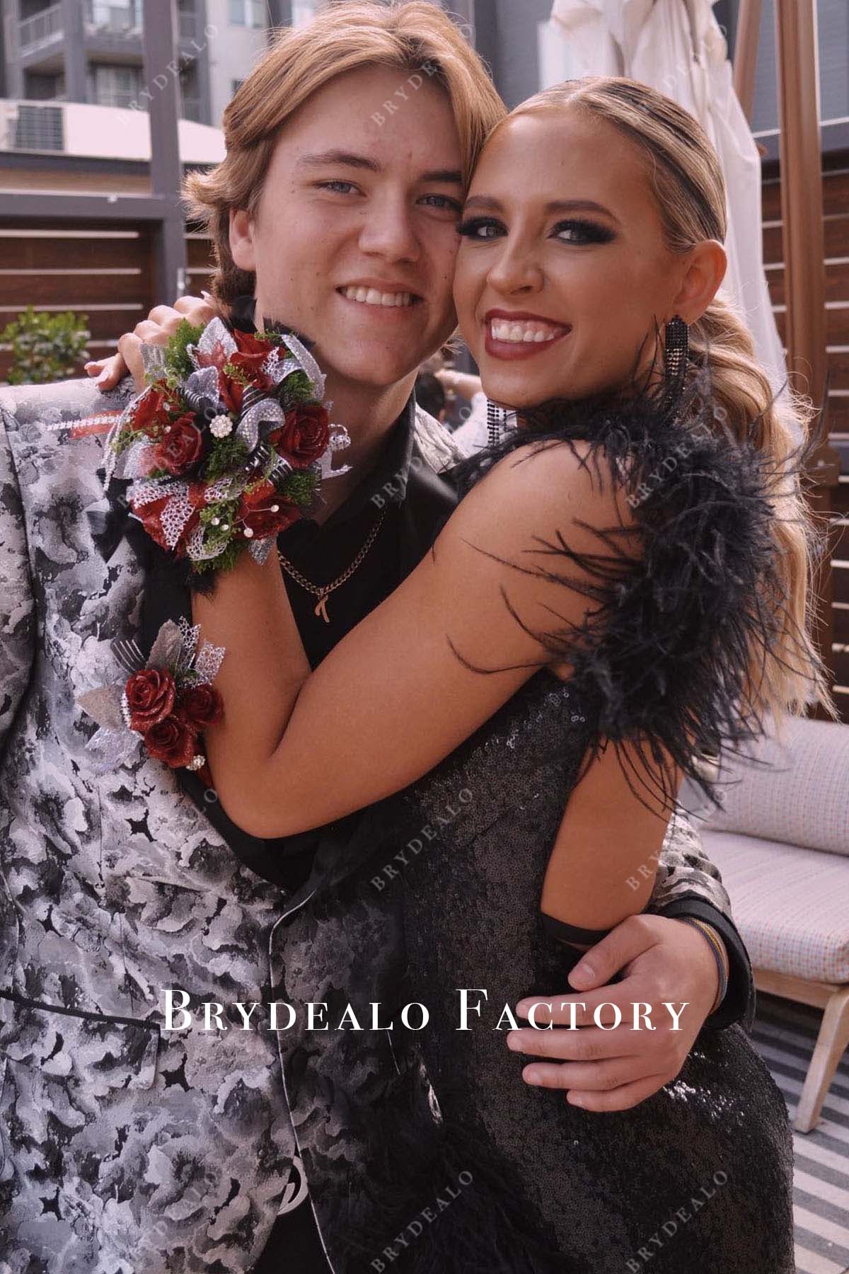 black sequined feathered sleeveless homecoming dress