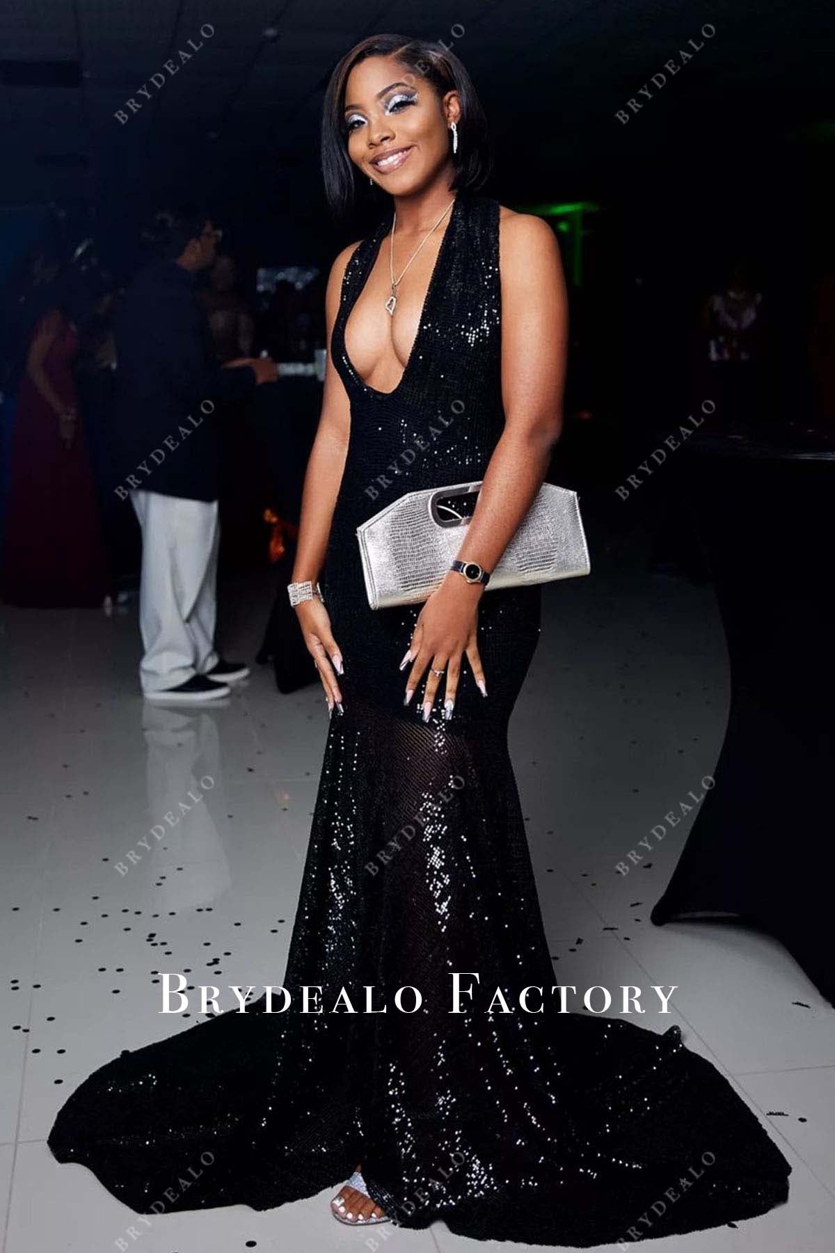 black halter mermaid prom dress Fabulous Black Halter Mermaid Side Split Open Cross Back Prom Dresses, MP428