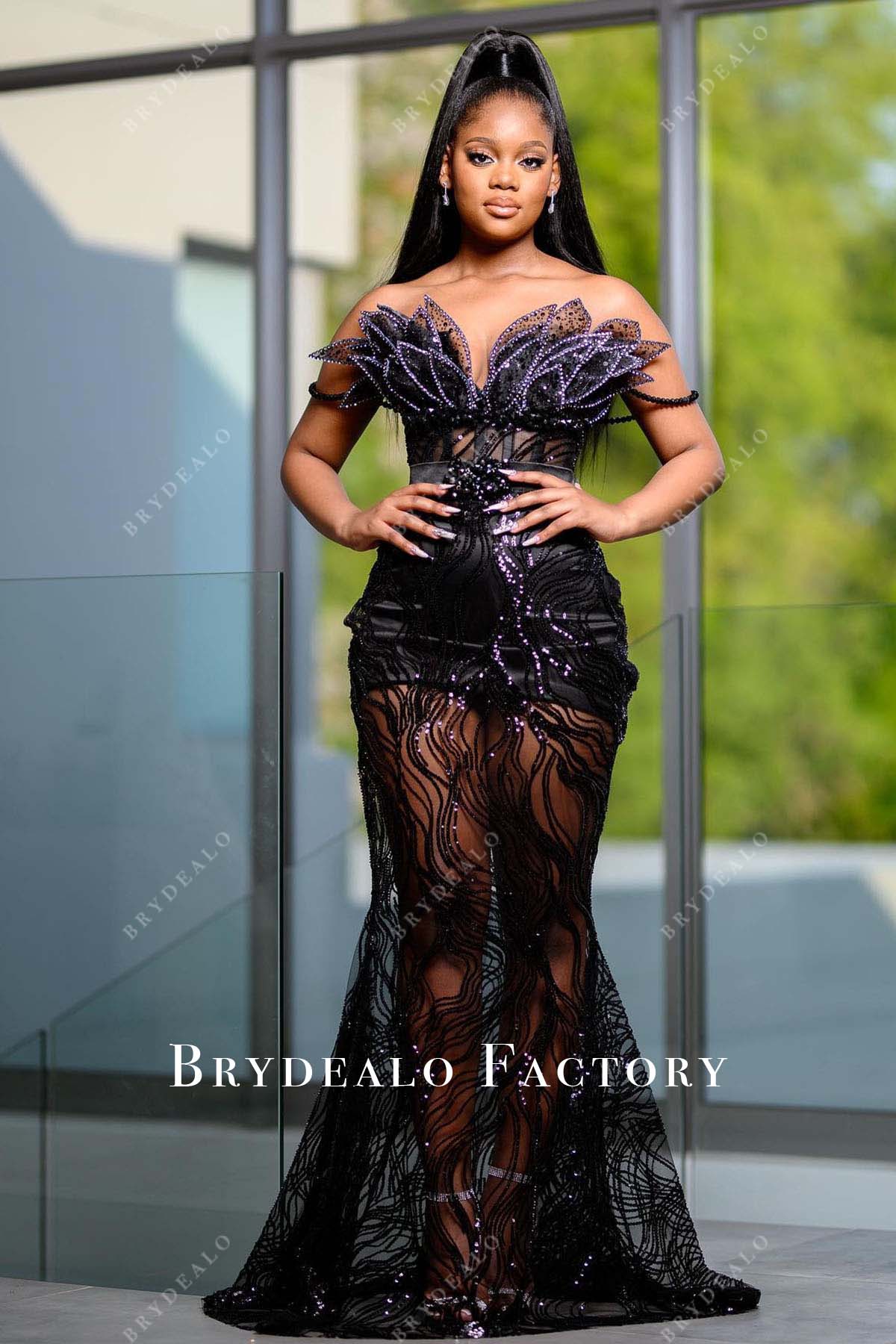 Black Sequined Off Shoulder Sheer Mermaid Prom Dress Black Sequined Off Shoulder Sheer Mermaid Prom Dress