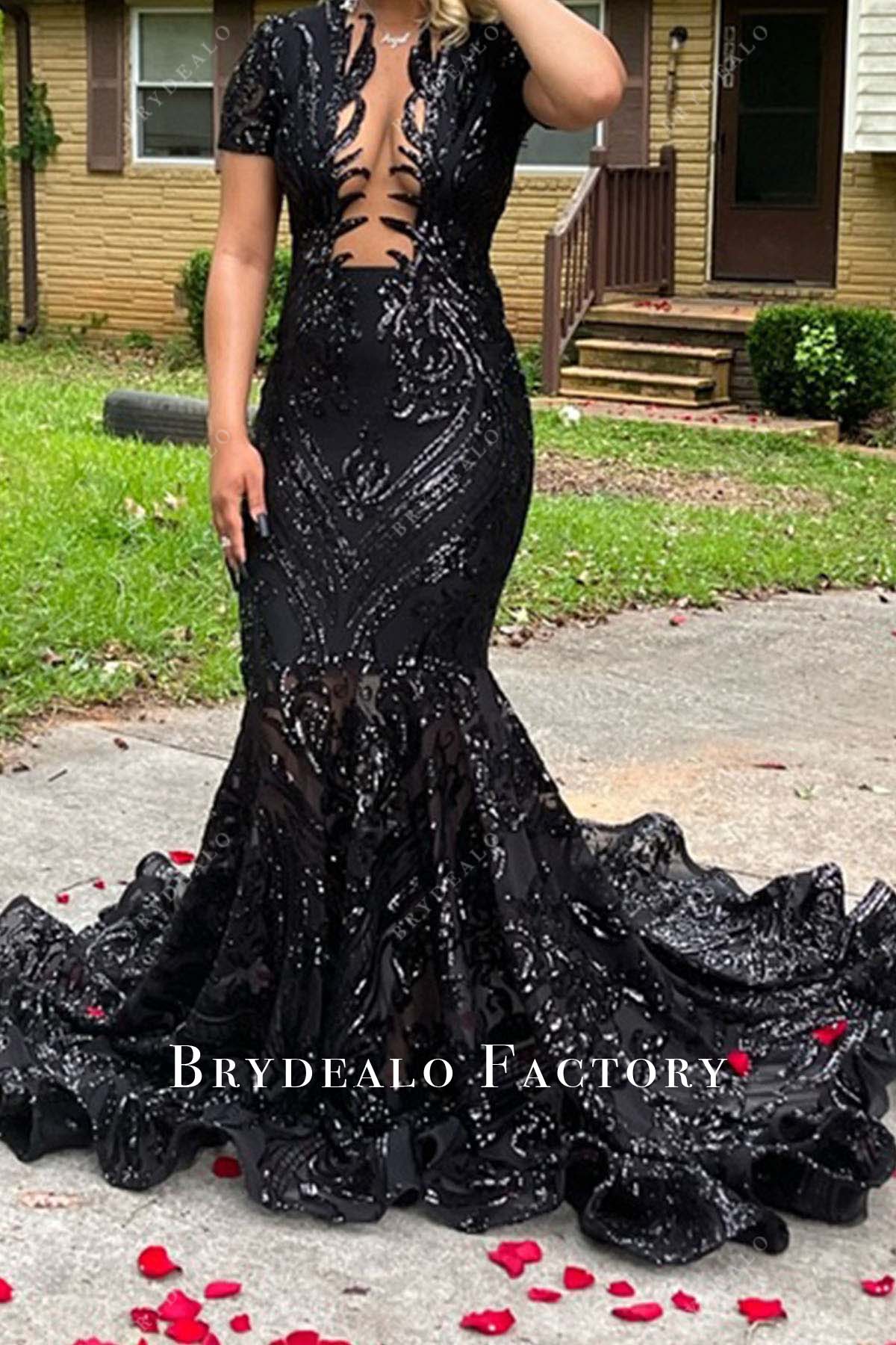 Black Sequin Short Sleeve Cutout Back Mermaid Long Train Prom Dress Black Sequin Short Sleeve Cutout Back Mermaid Long Train Prom Dress