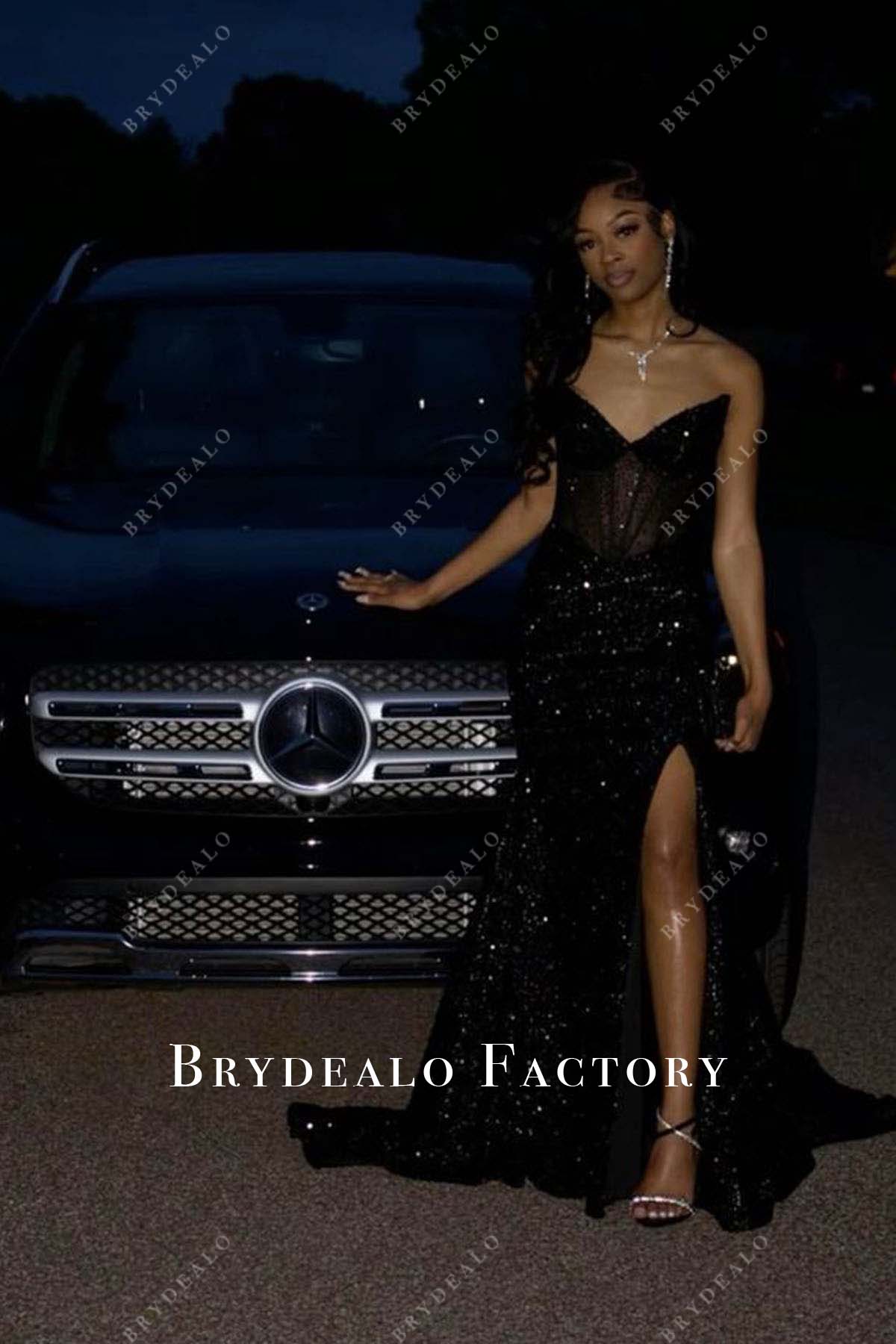 strapless open back dress Black Sequined Strapless V-Neck Slit Mermaid Prom Dress