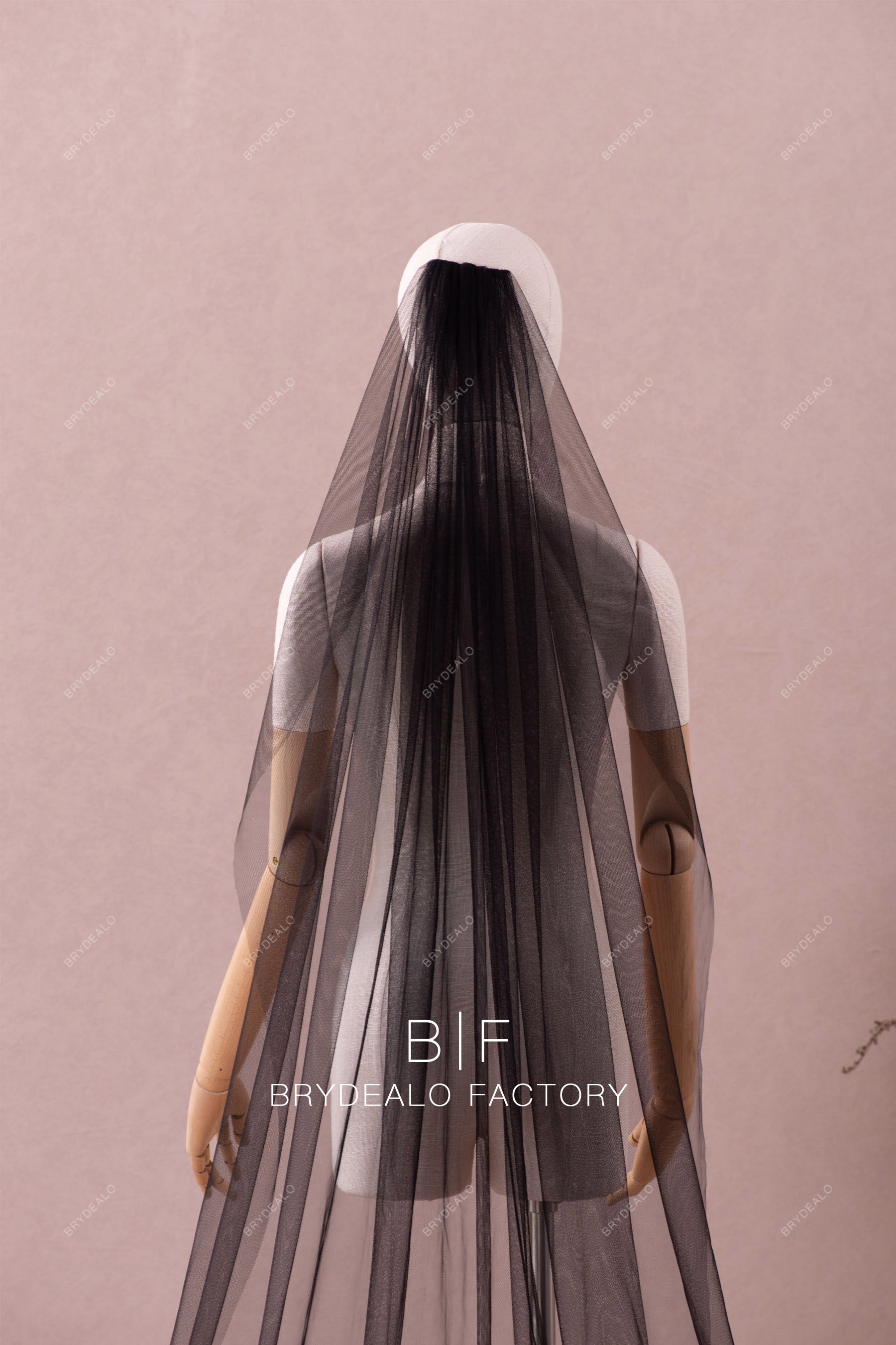 Black Single Tier Tulle Raw Cut Cathedral Train Wedding Veil