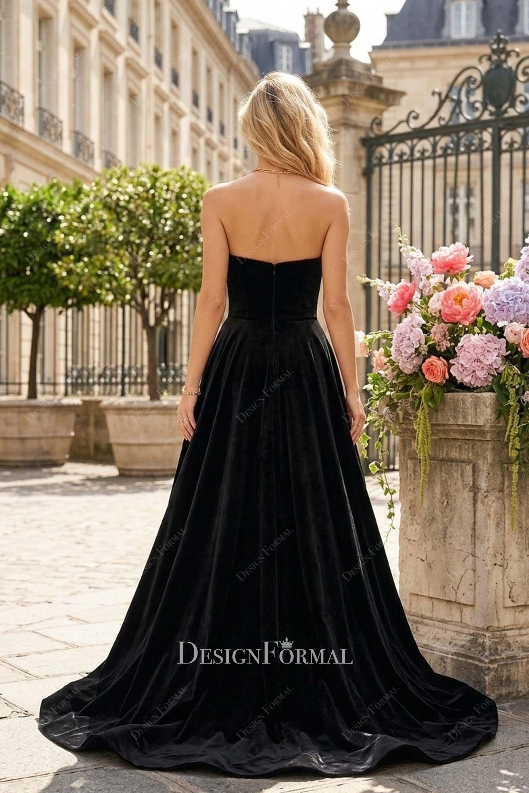 black strapless a line prom dress