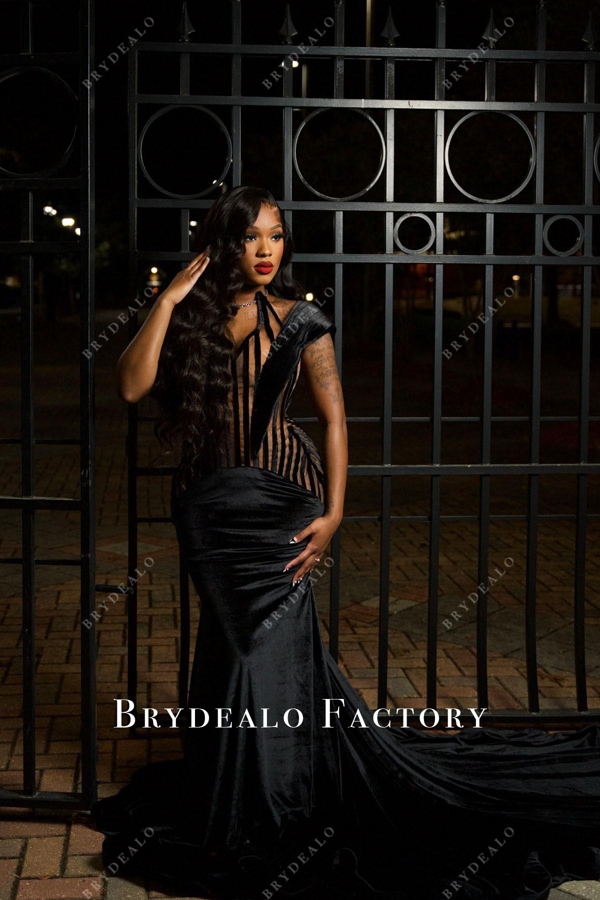 black velvet asymmetrical mermaid prom dress